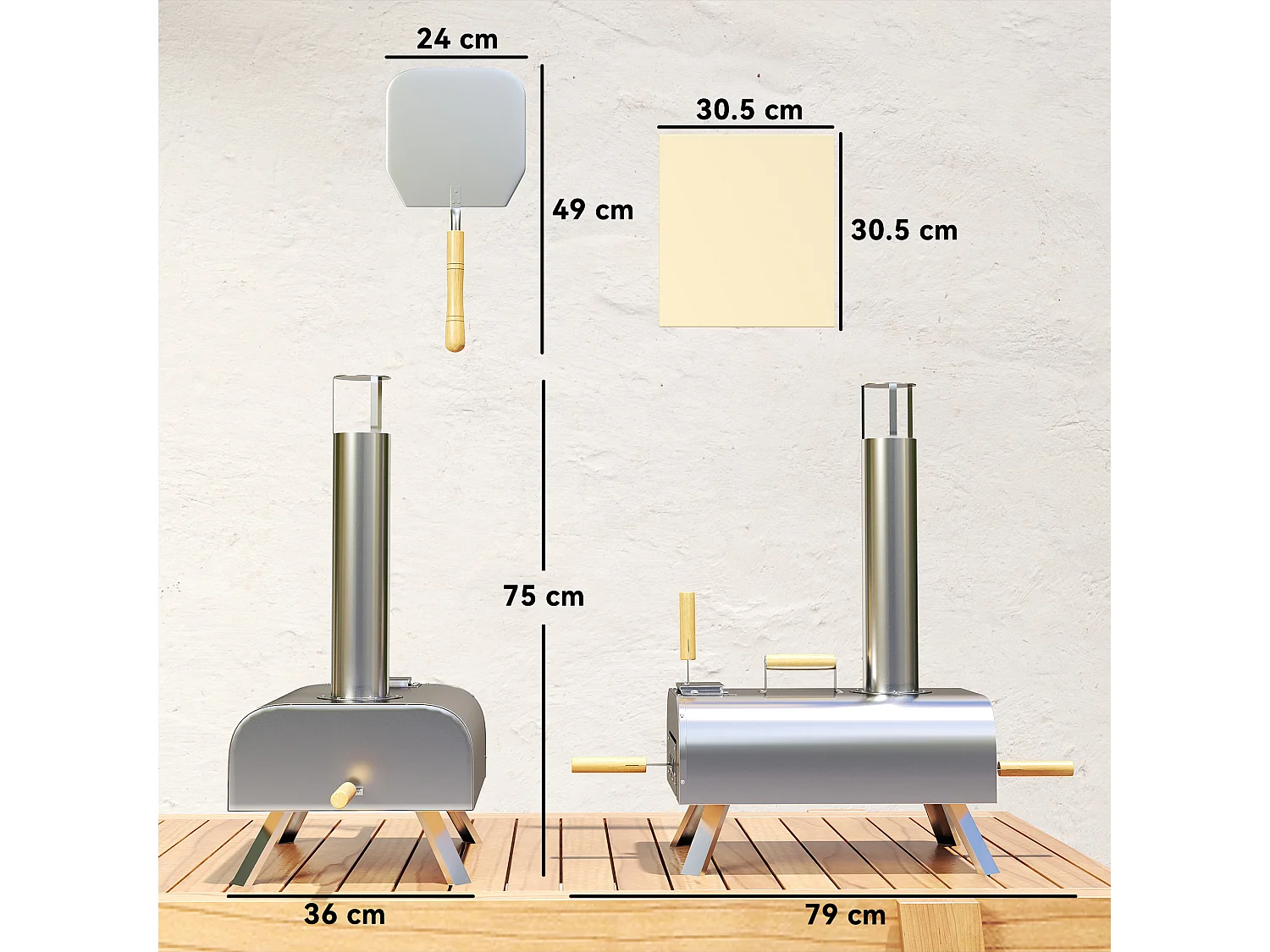 Forno per pizza da esterno con pietra refrattaria e pala argento