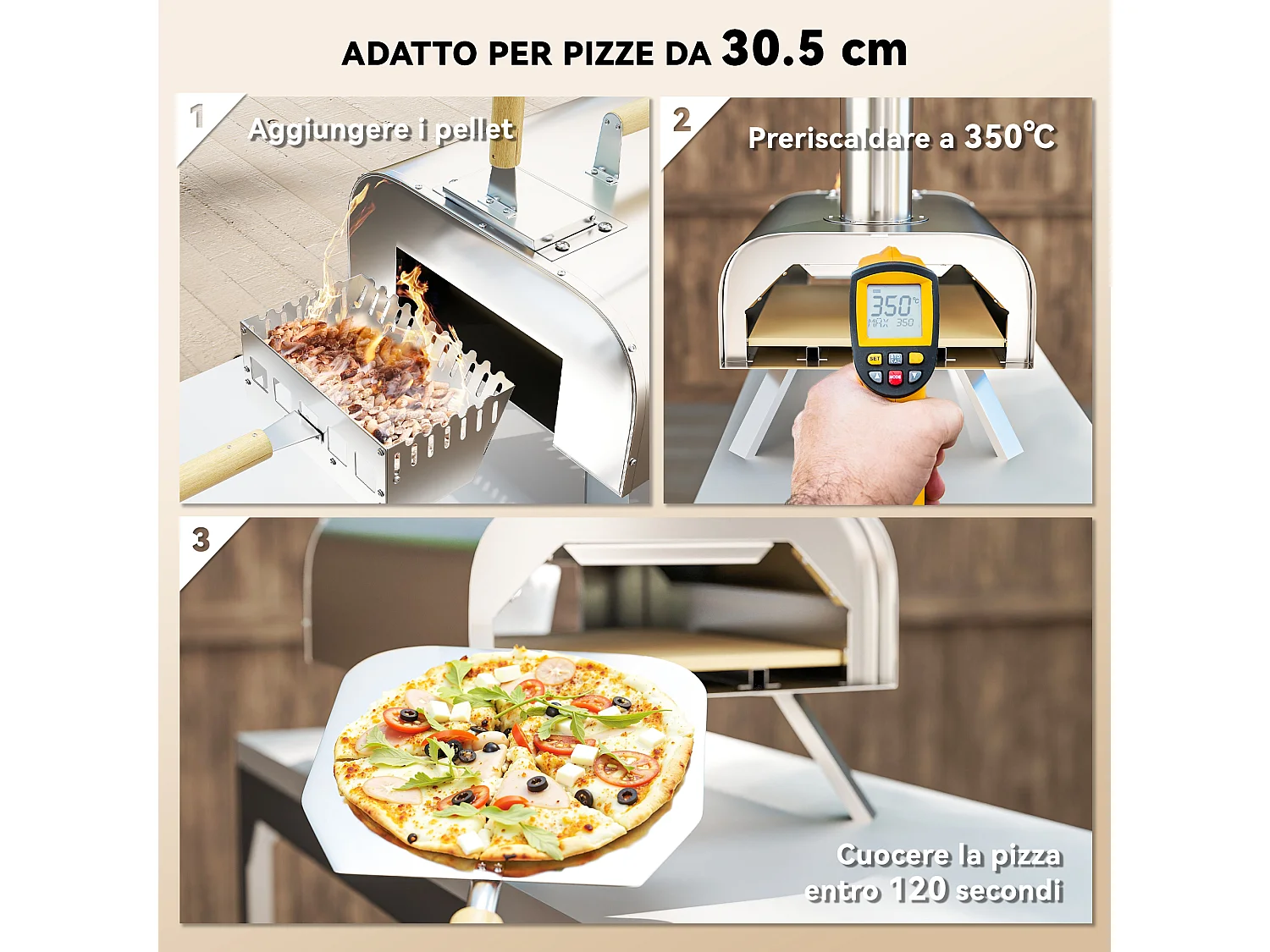 Forno per pizza da esterno con pietra refrattaria e pala argento