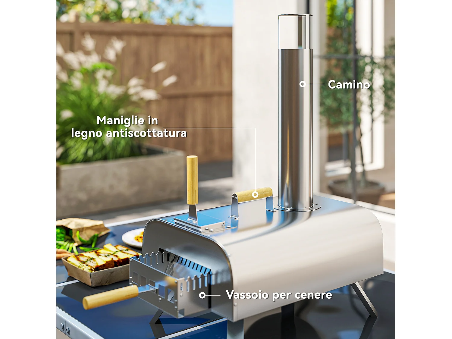 Forno per pizza da esterno con pietra refrattaria e pala argento