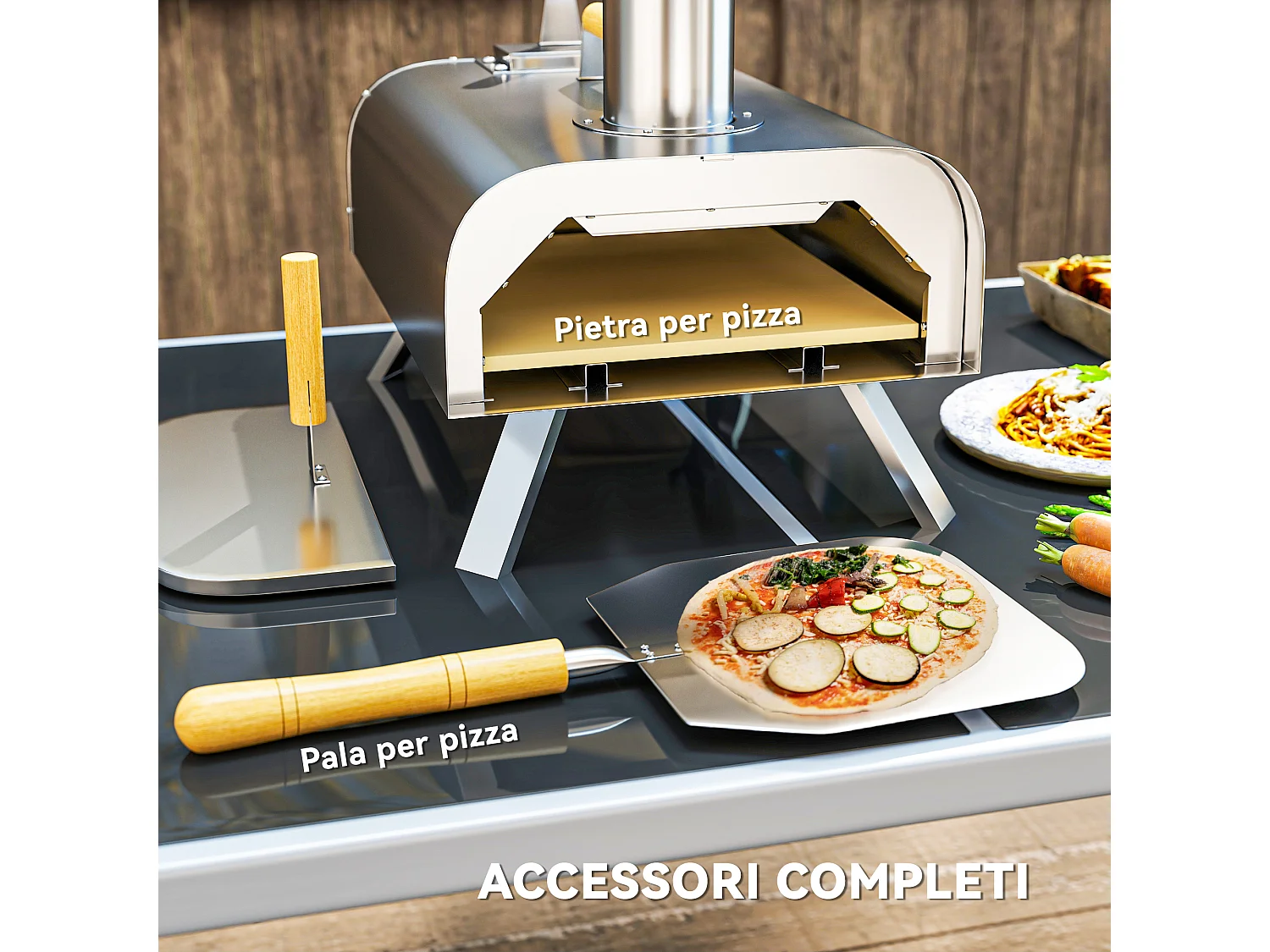 Forno per pizza da esterno con pietra refrattaria e pala argento