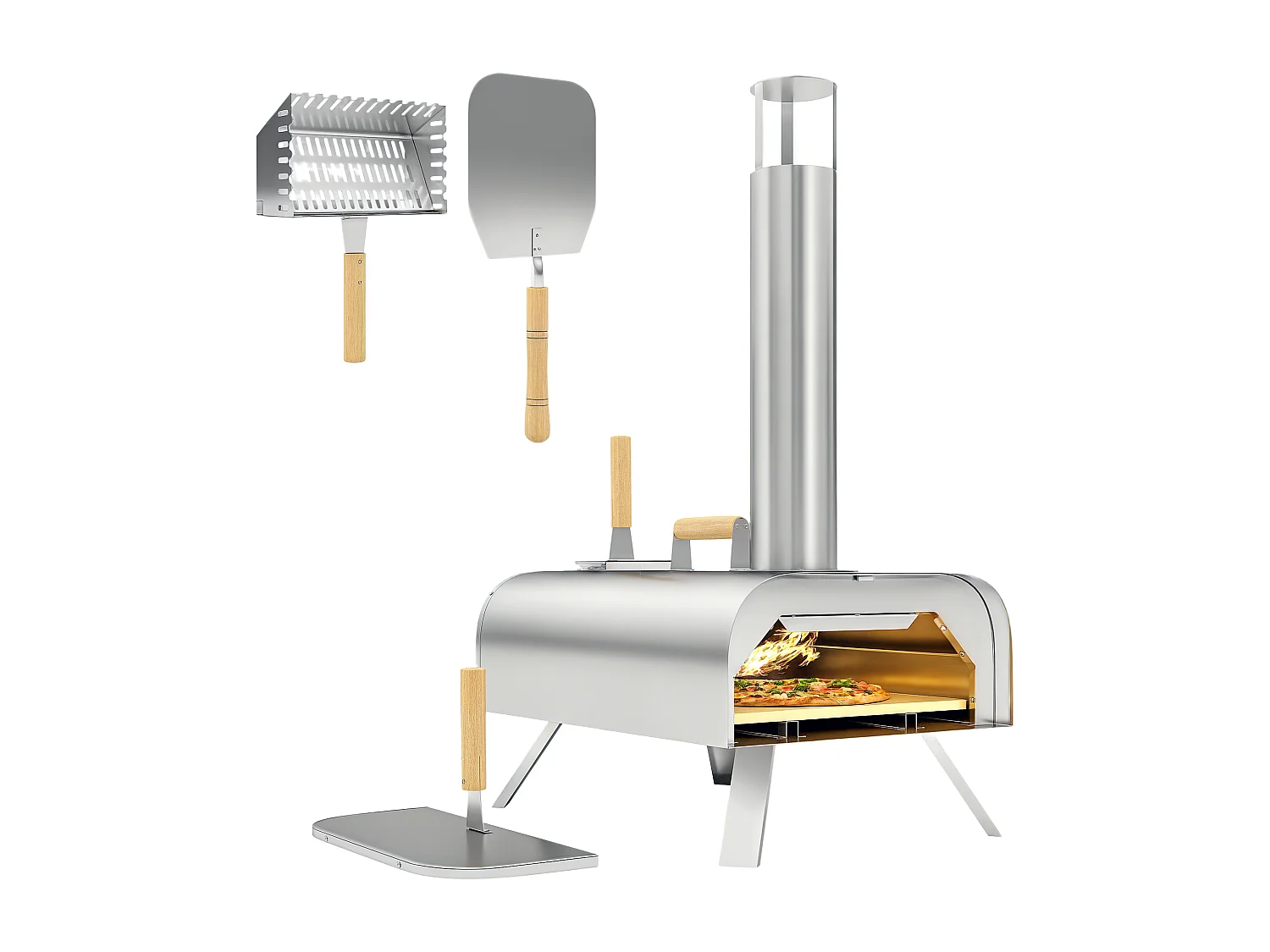 Forno per pizza da esterno con pietra refrattaria e pala argento