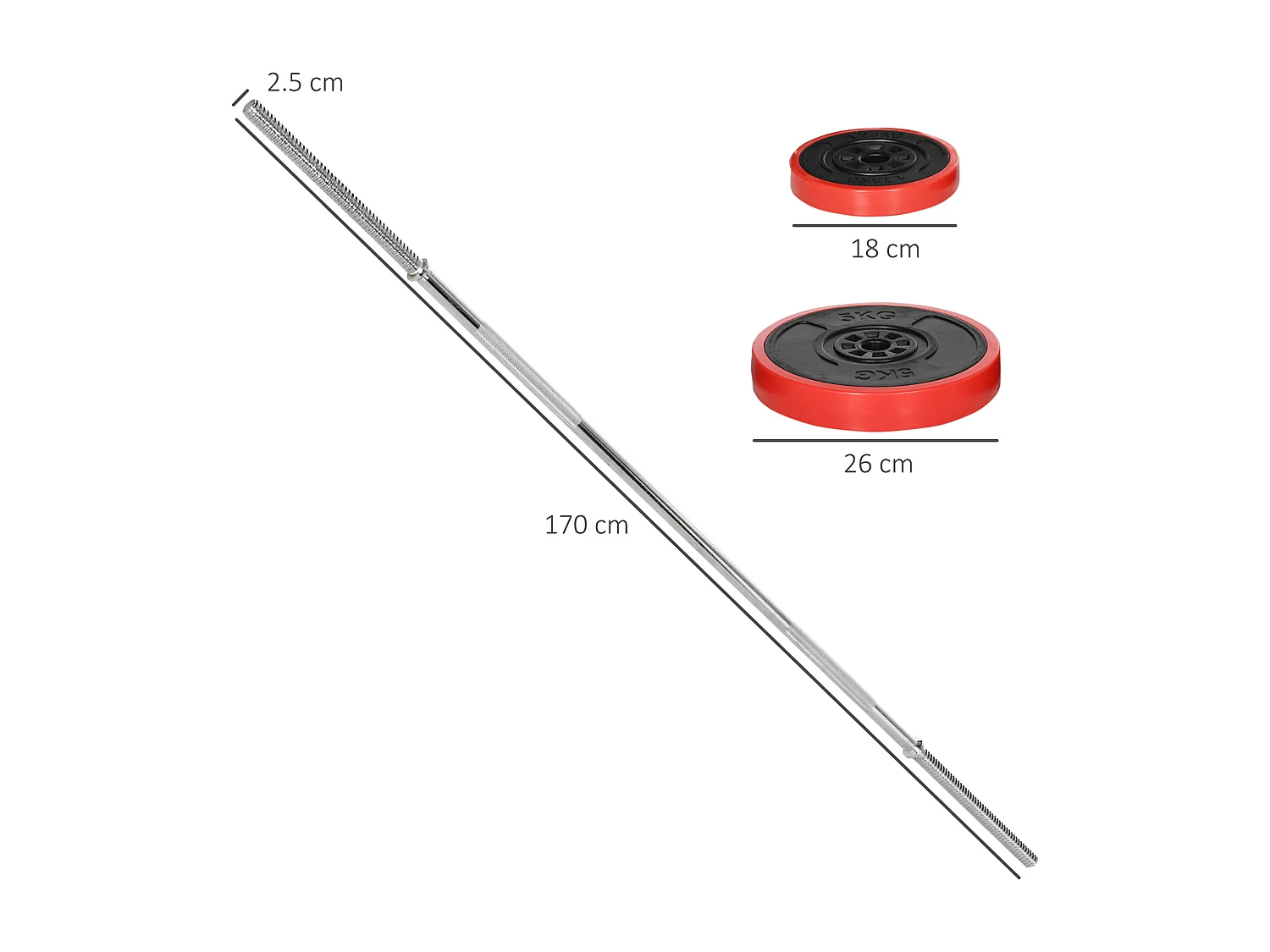 Set bilanciere e dischi da 30 kg totali antiscivolo con 6 pesi rosso