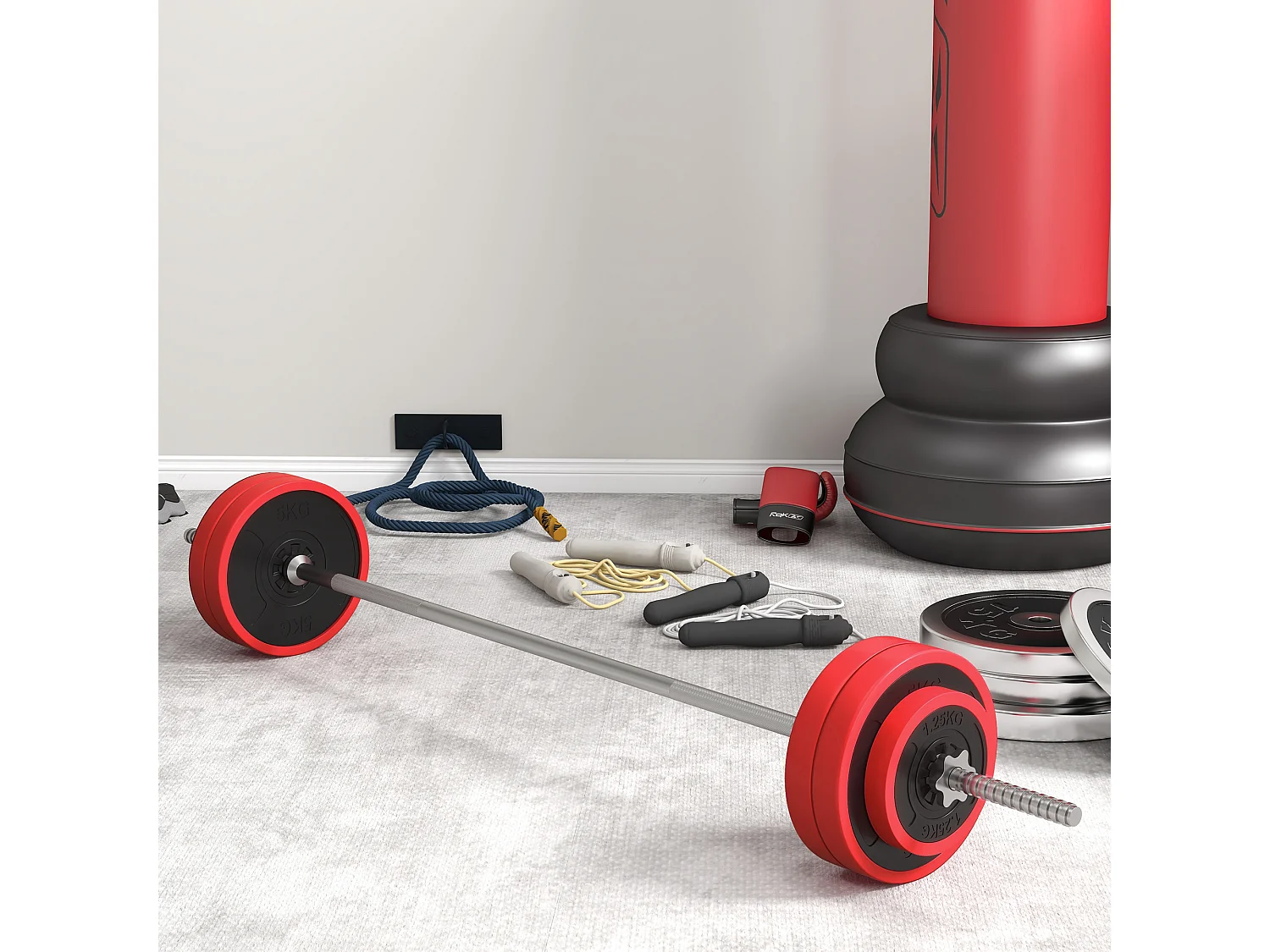 Set bilanciere e dischi da 30 kg totali antiscivolo con 6 pesi rosso