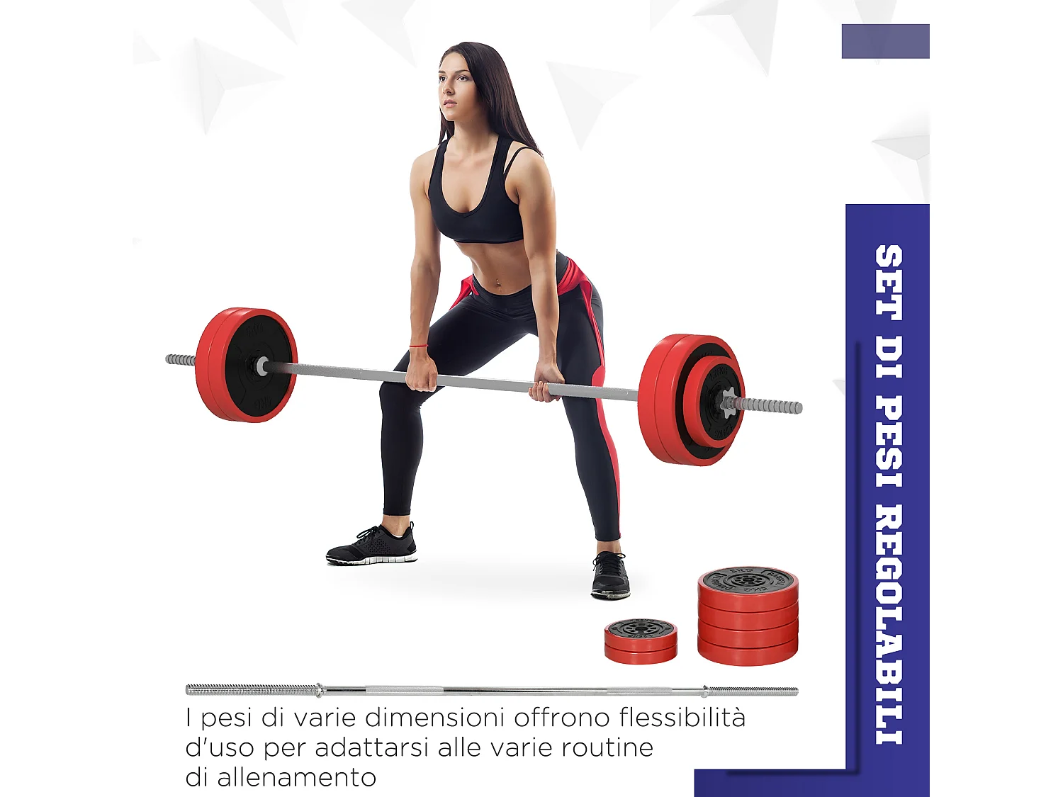 Set bilanciere e dischi da 30 kg totali antiscivolo con 6 pesi rosso