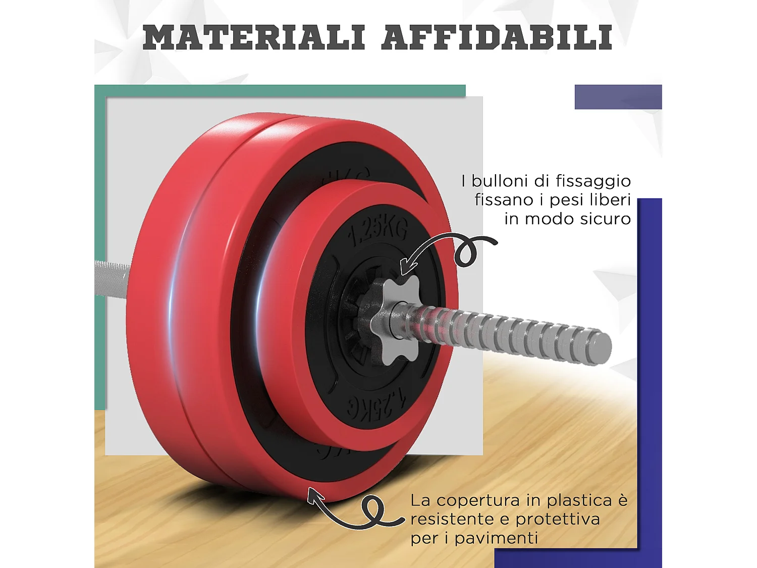 Set bilanciere e dischi da 30 kg totali antiscivolo con 6 pesi rosso