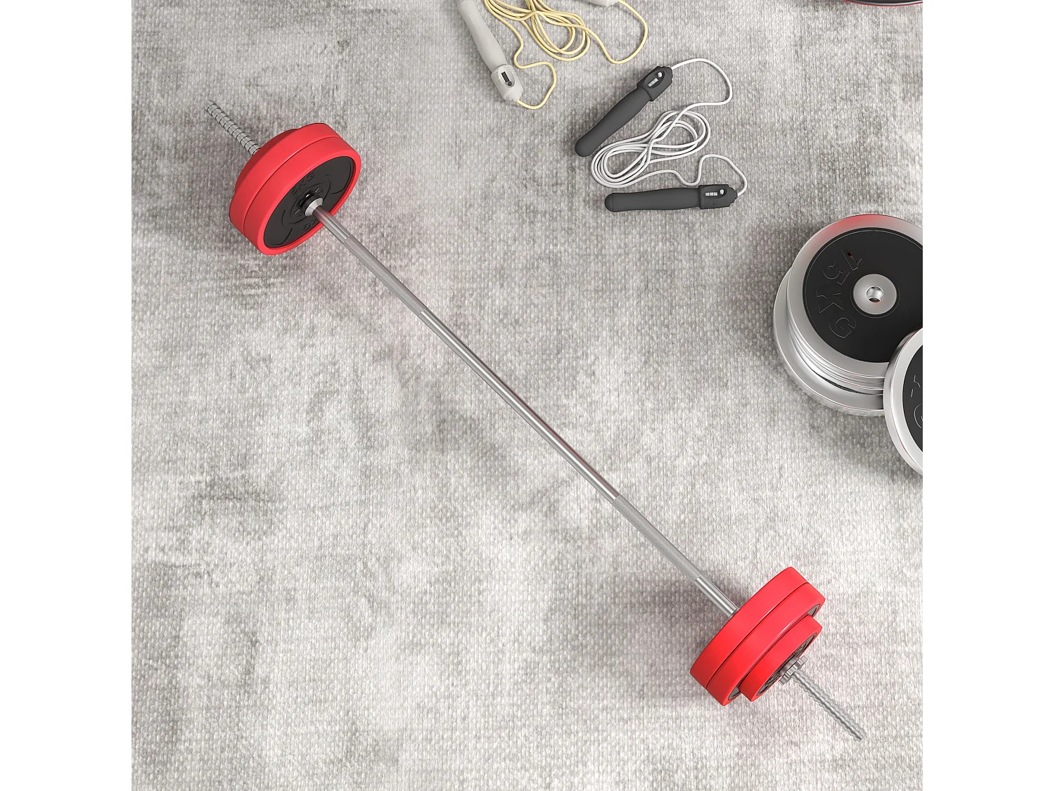 Set bilanciere e dischi da 30 kg totali antiscivolo con 6 pesi rosso