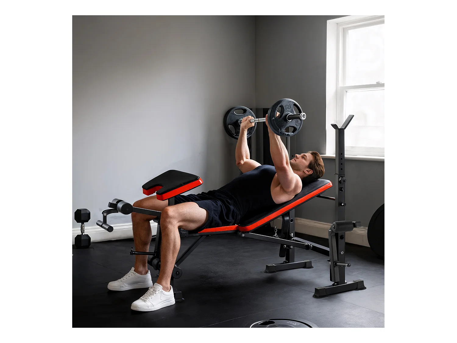 Panca multifunzione regolabile con supporto per bilanciere rosso e nero
