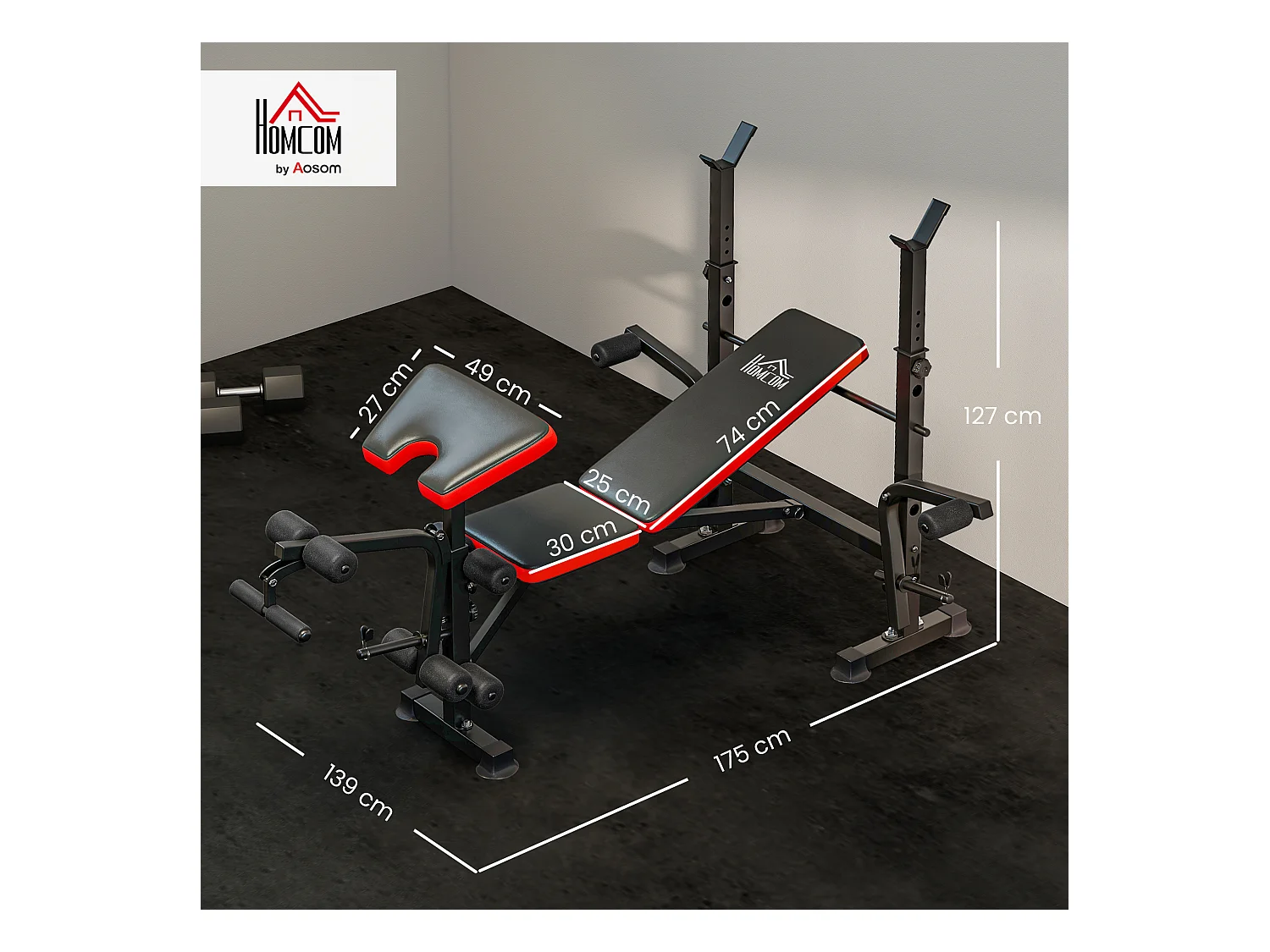 Panca multifunzione regolabile con supporto per bilanciere rosso e nero