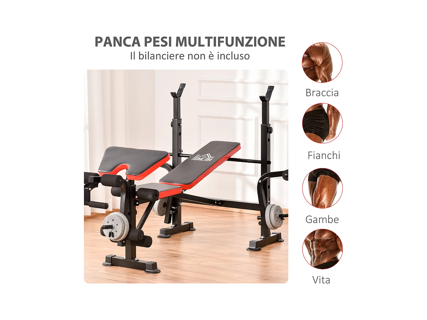 Panca multifunzione regolabile con supporto per bilanciere rosso e nero