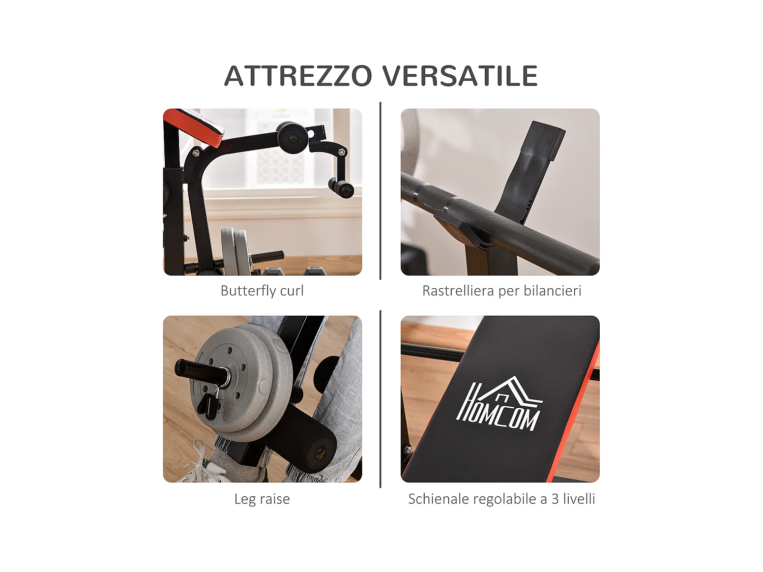Panca multifunzione regolabile con supporto per bilanciere rosso e nero