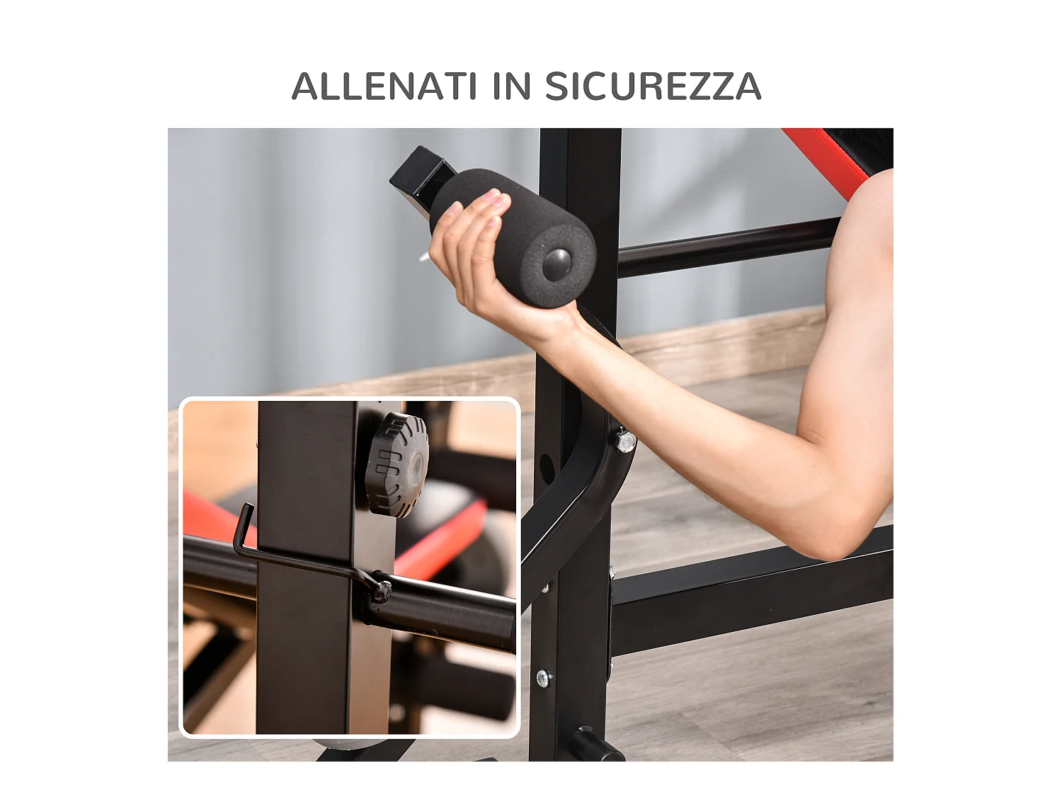 Panca multifunzione regolabile con supporto per bilanciere rosso e nero
