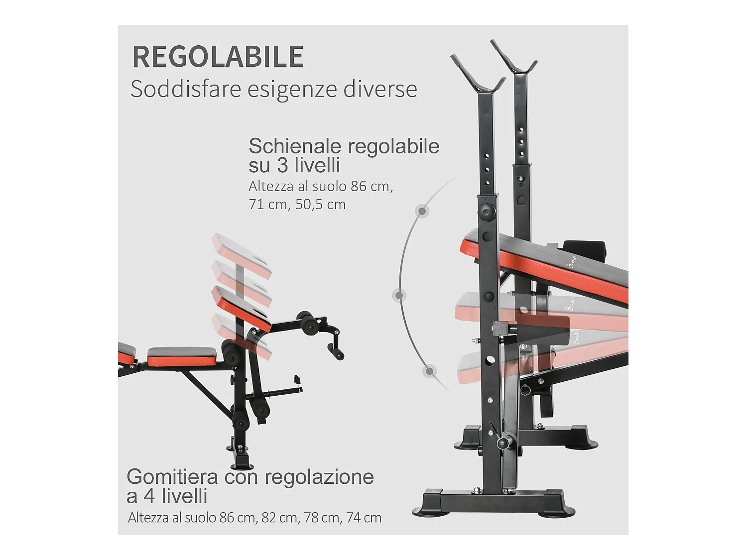 Panca multifunzione regolabile con supporto per bilanciere rosso e nero