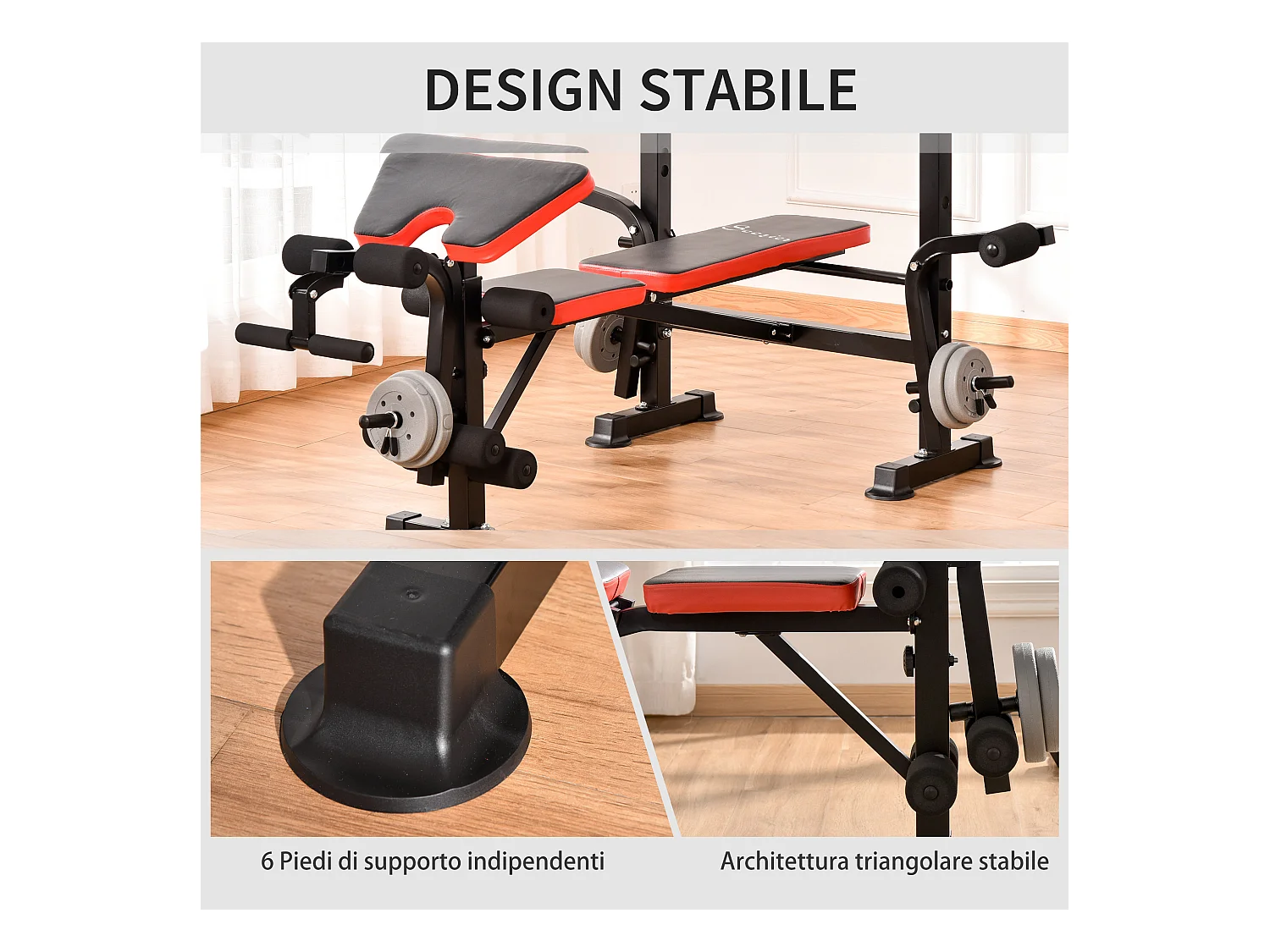 Panca multifunzione regolabile con supporto per bilanciere rosso e nero
