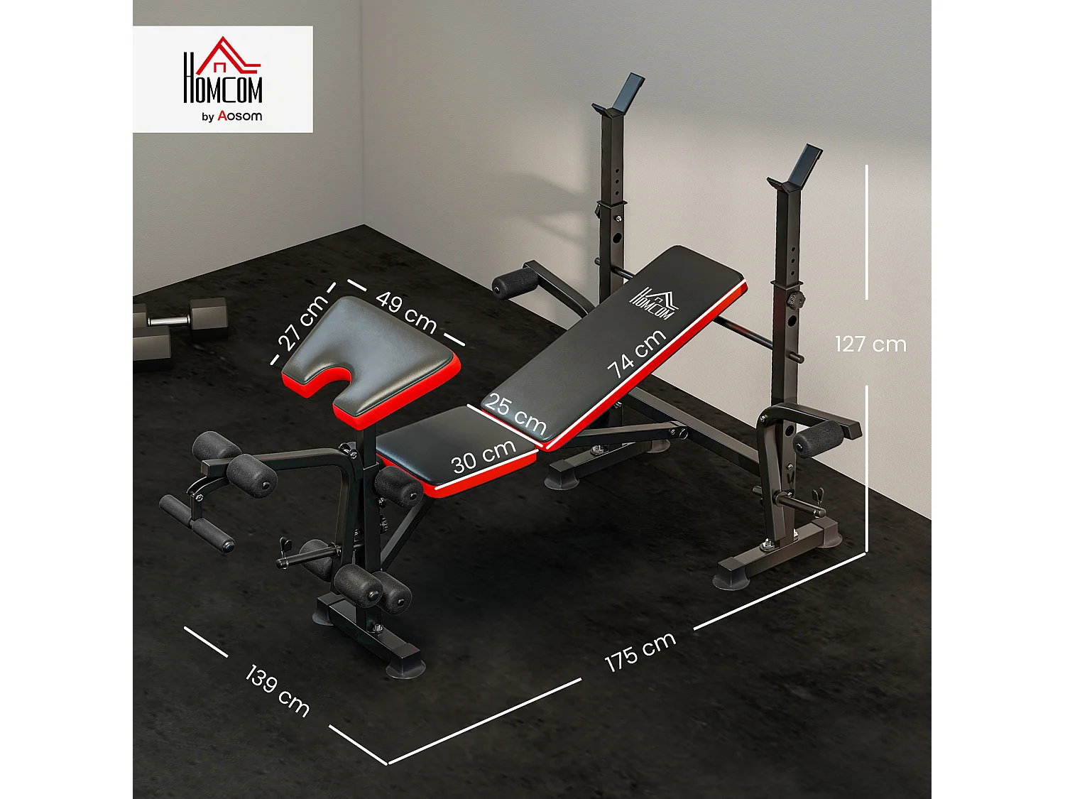 Panca multifunzione regolabile con supporto per bilanciere rosso e nero