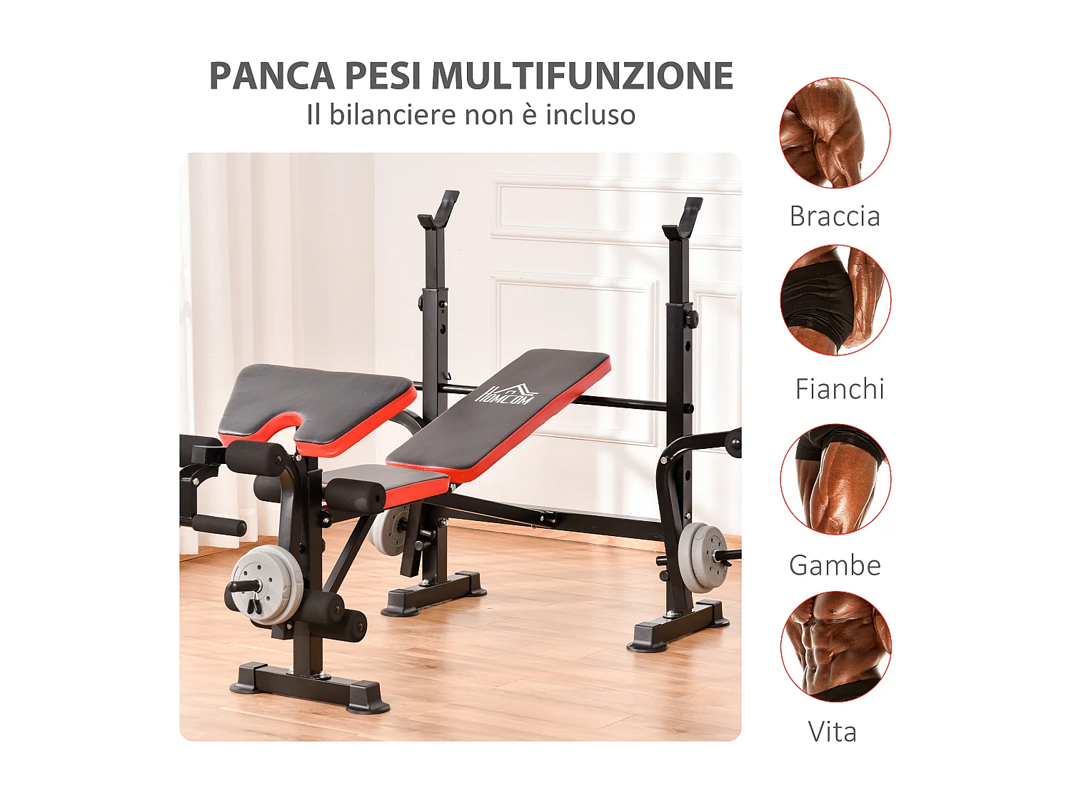Panca multifunzione regolabile con supporto per bilanciere rosso e nero