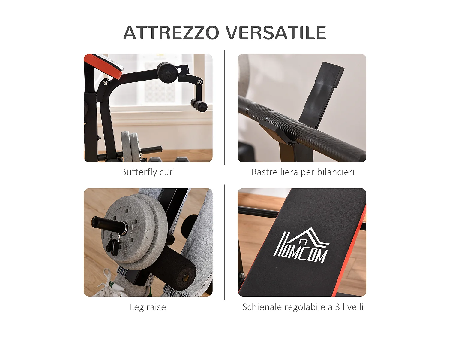 Panca multifunzione regolabile con supporto per bilanciere rosso e nero