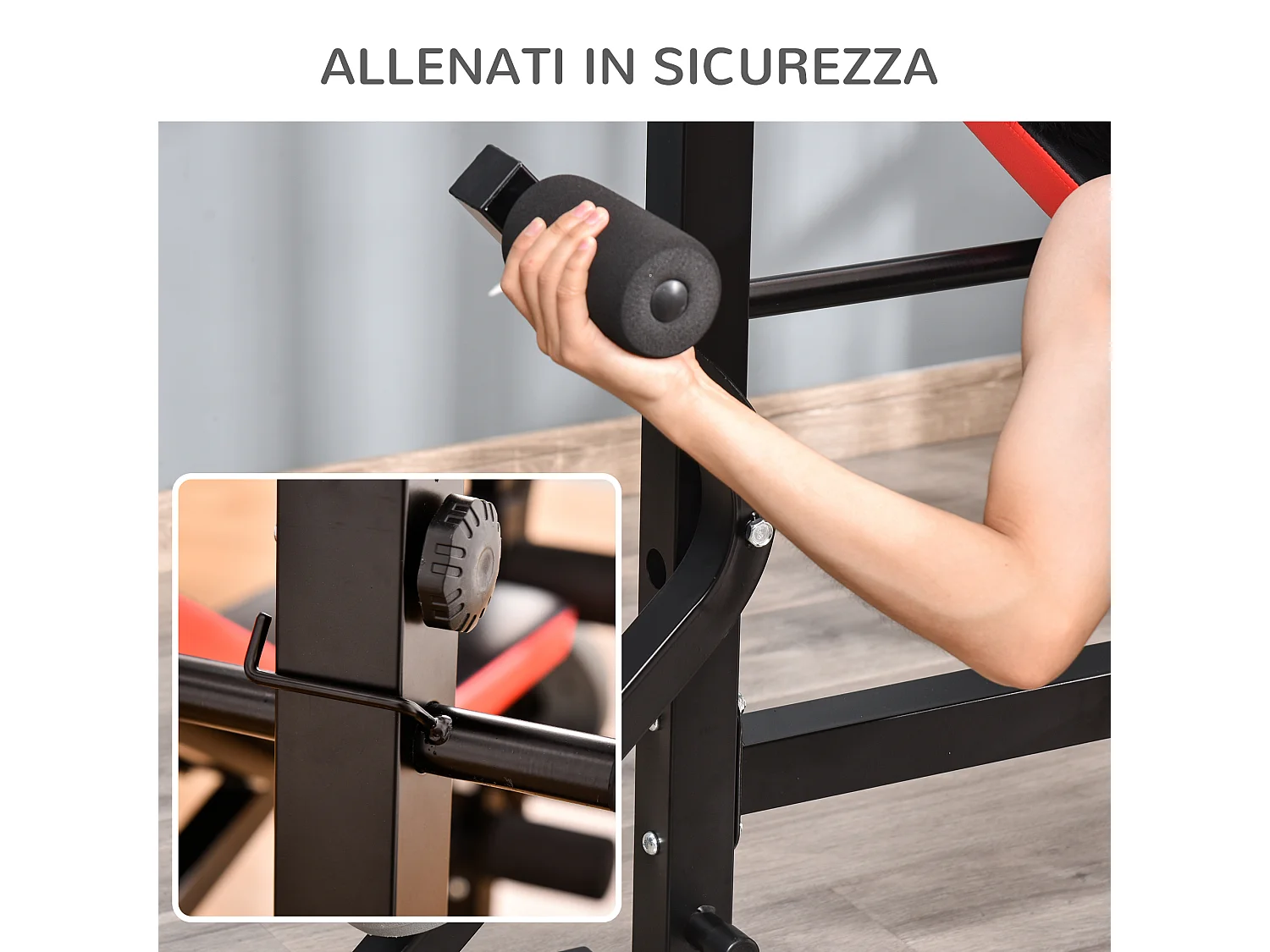 Panca multifunzione regolabile con supporto per bilanciere rosso e nero