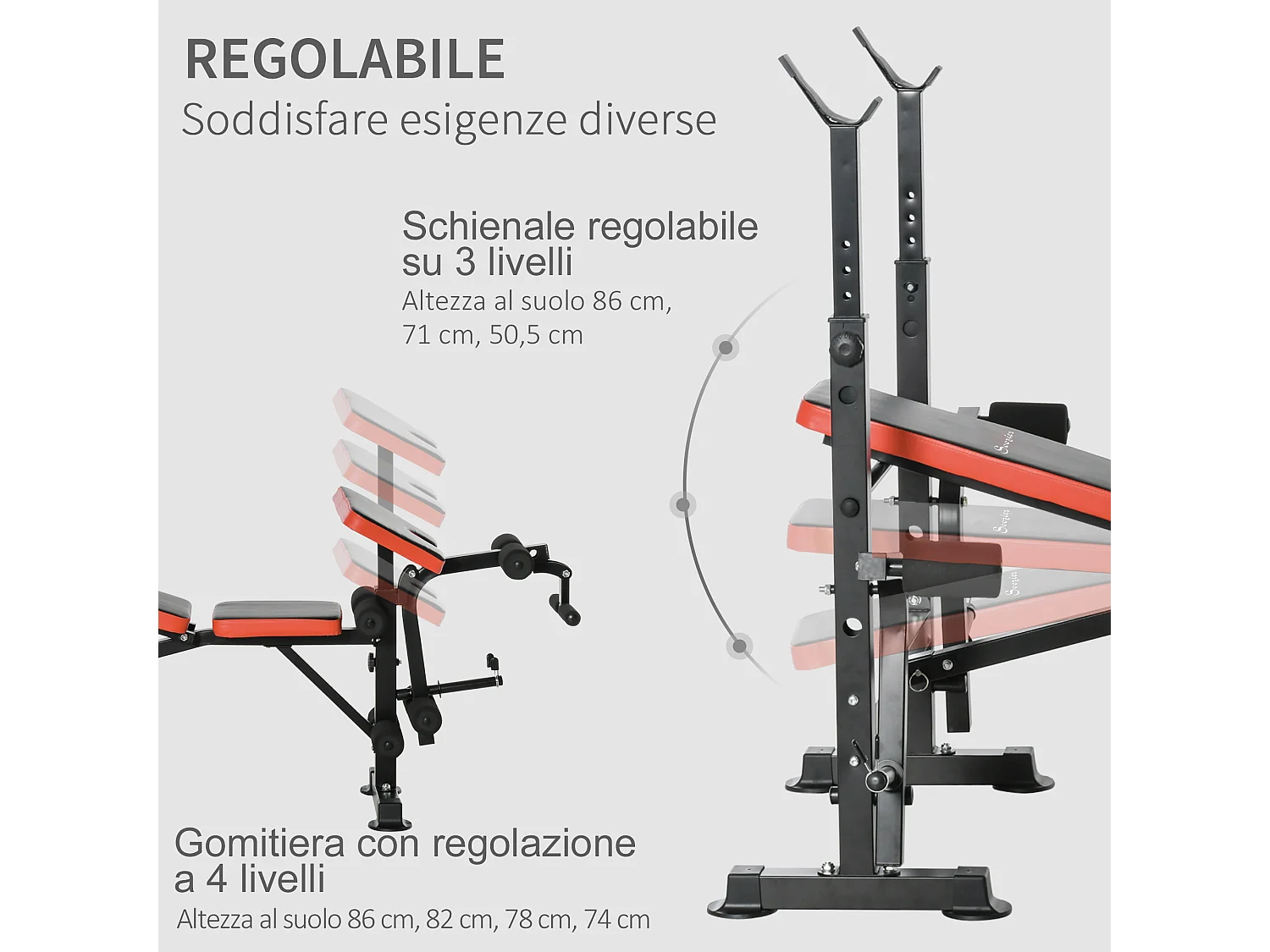 Panca multifunzione regolabile con supporto per bilanciere rosso e nero