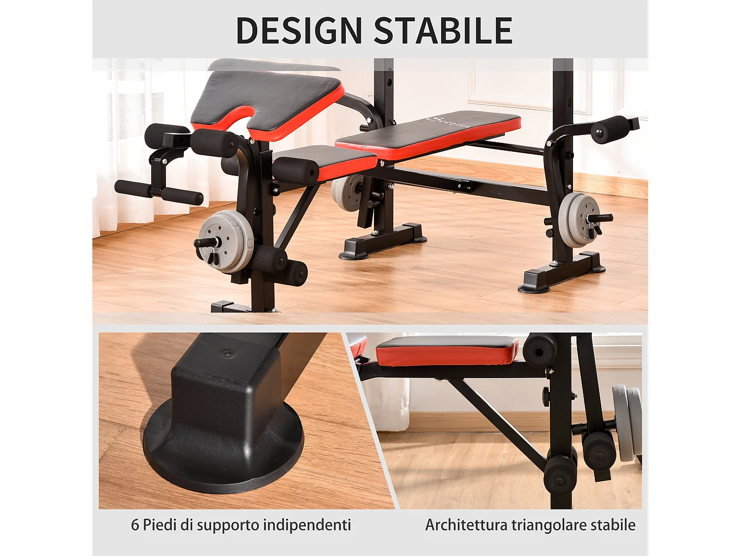 Panca multifunzione regolabile con supporto per bilanciere rosso e nero