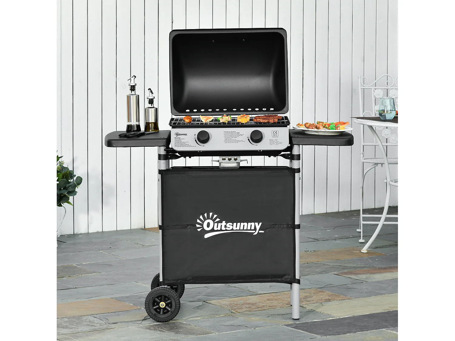 Barbecue a gas 2 fuochi da 2.8kw con coperchio mensole ruote