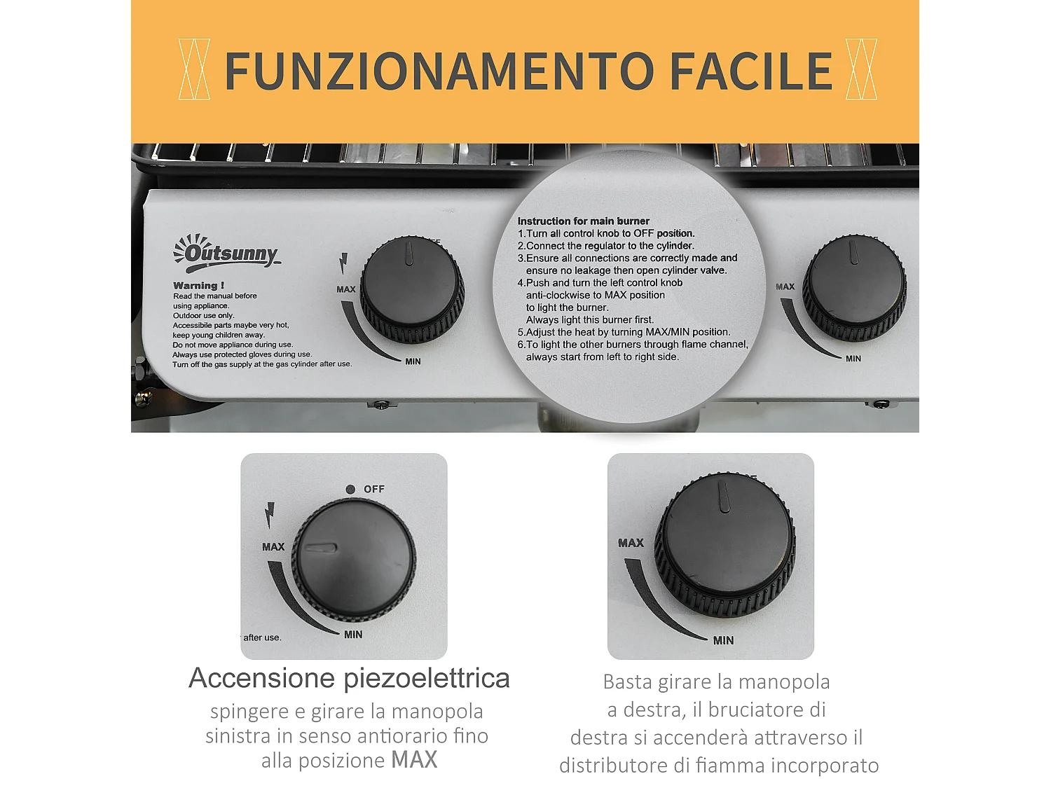 Barbecue a gas 2 fuochi da 2.8kw con coperchio mensole ruote