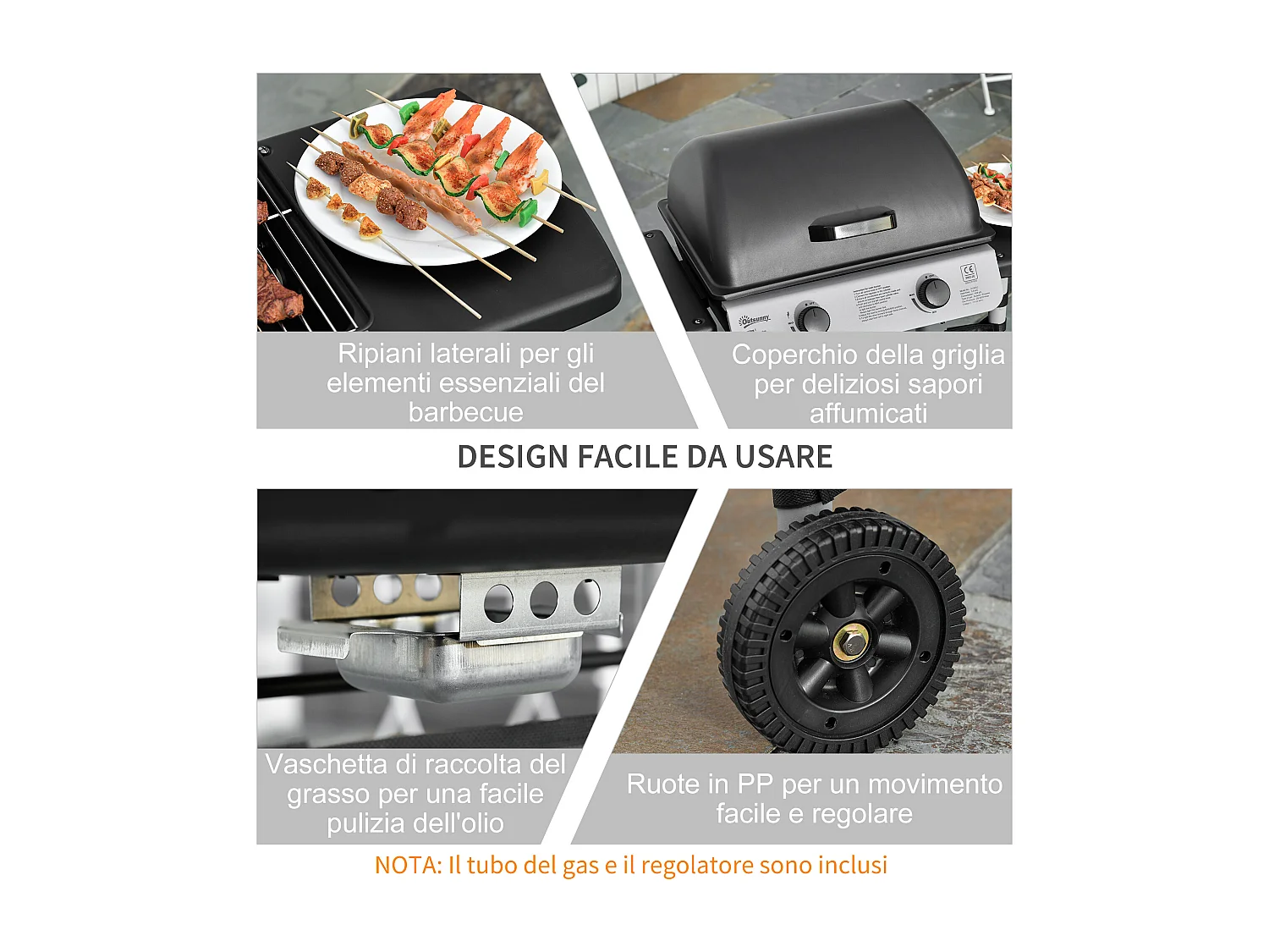 Barbecue a gas 2 fuochi da 2.8kw con coperchio mensole ruote