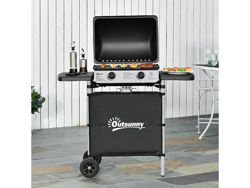 Barbecue a gas 2 fuochi da 2.8kw con coperchio mensole ruote