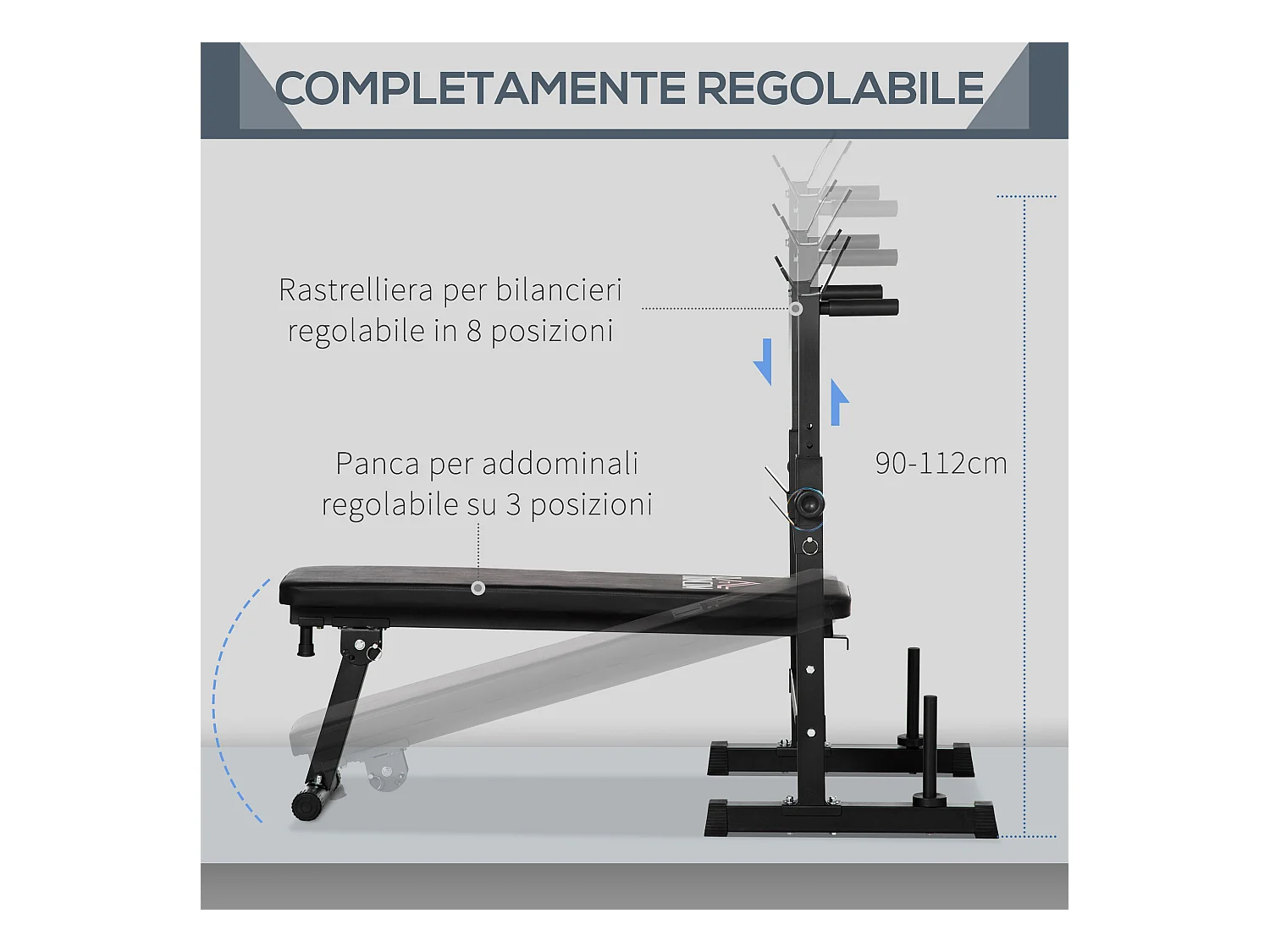 Panca pesi pieghevole e multiuso con 8 altezze regolabili in acciaio e pu