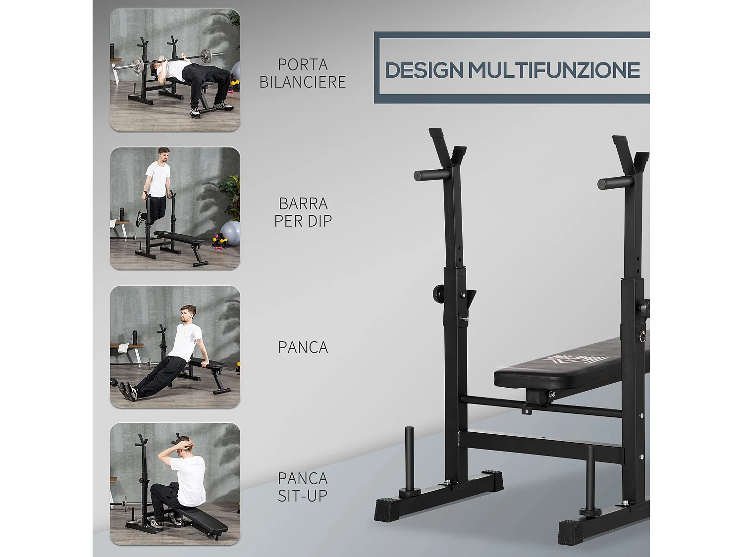 Panca pesi pieghevole e multiuso con 8 altezze regolabili in acciaio e pu