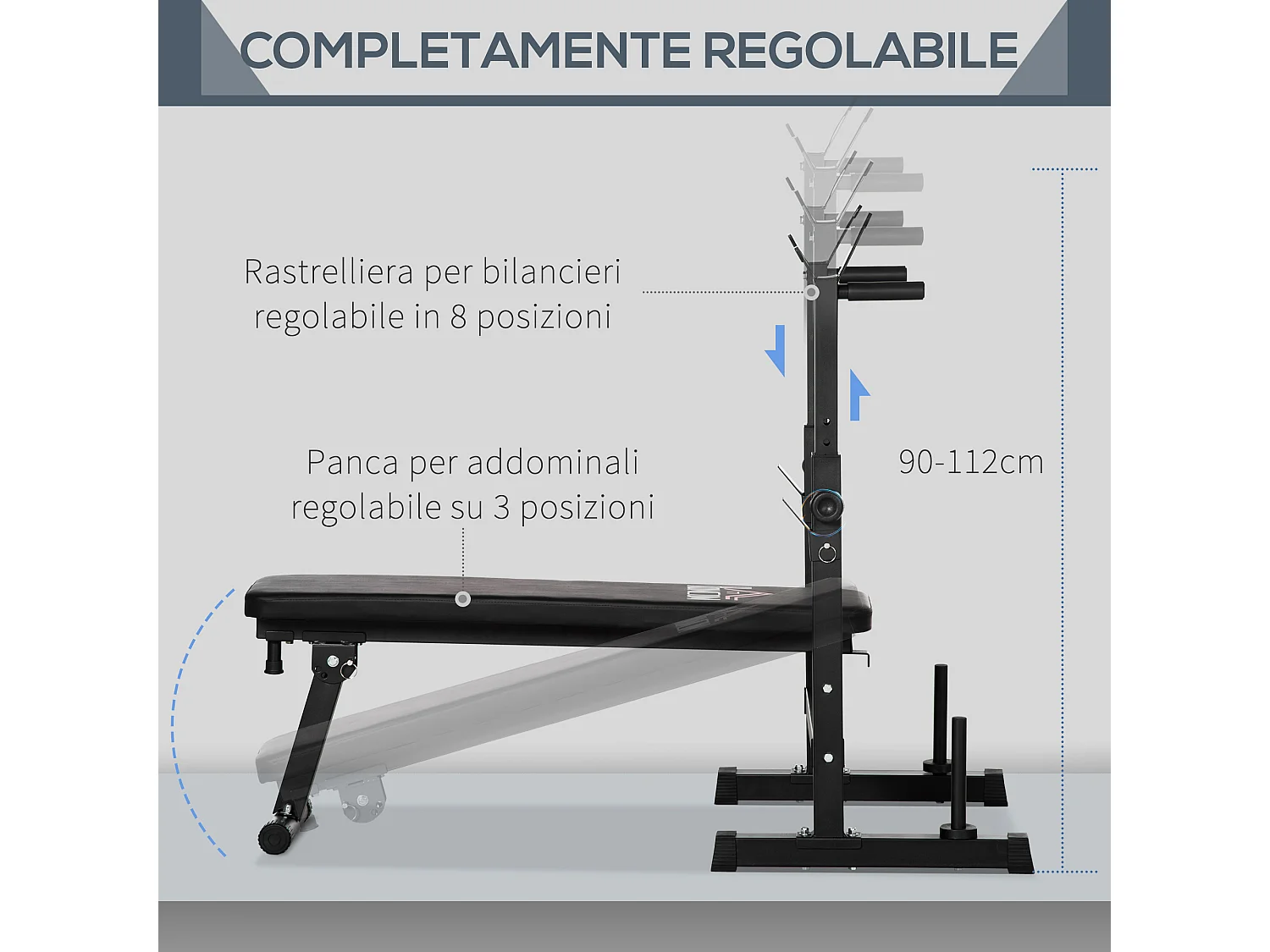Panca pesi pieghevole e multiuso con 8 altezze regolabili in acciaio e pu