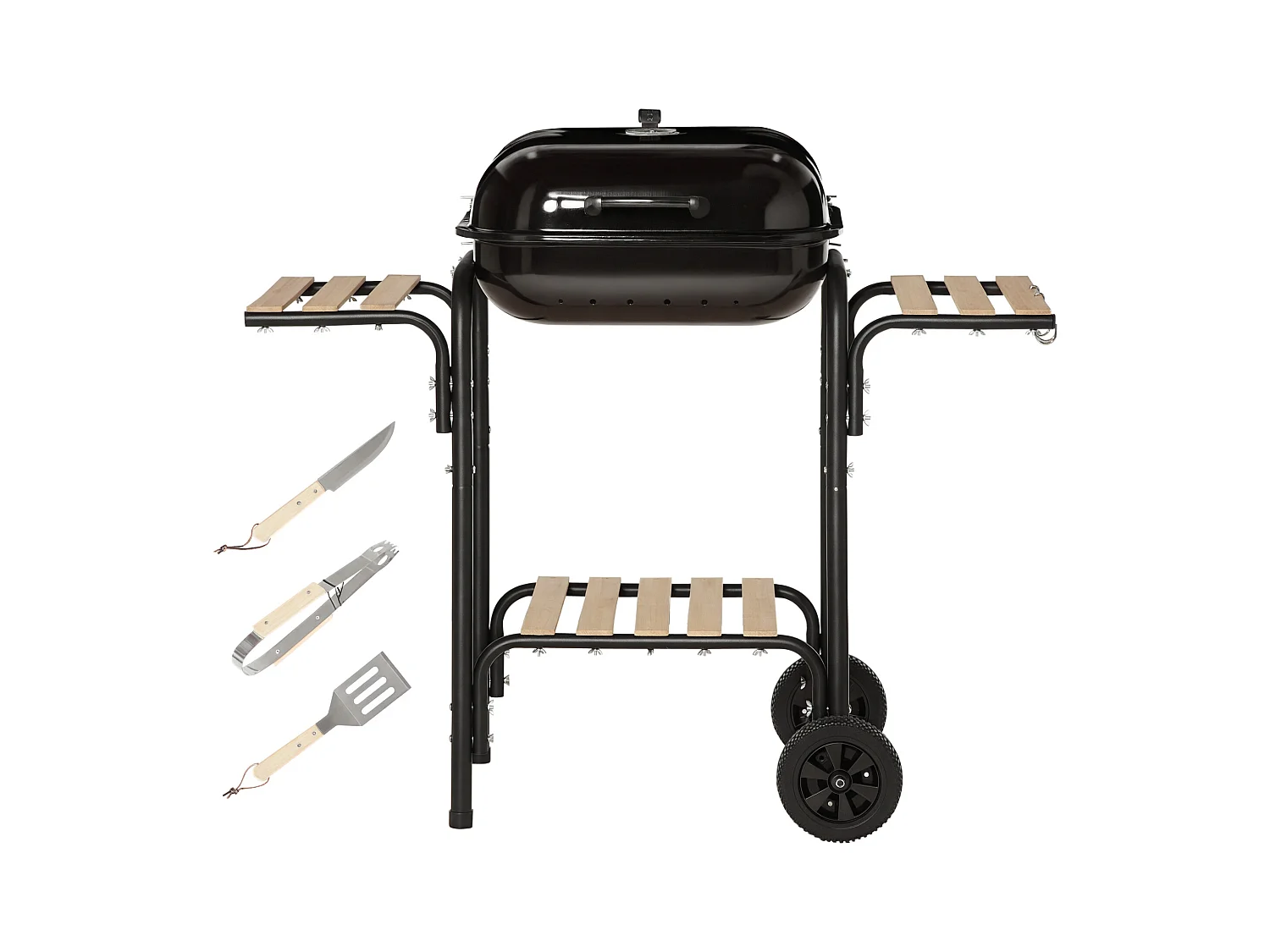 Barbecue a carbone con coperchio ripiani ruote e utensili nero