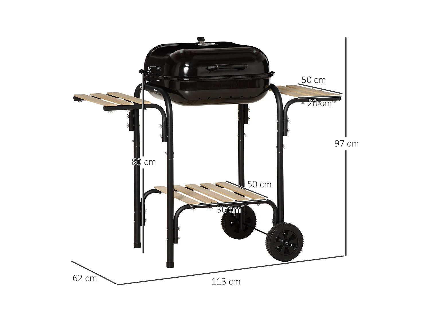 Barbecue a carbone con coperchio ripiani ruote e utensili nero