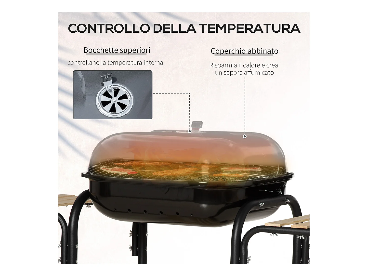 Barbecue a carbone con coperchio ripiani ruote e utensili nero