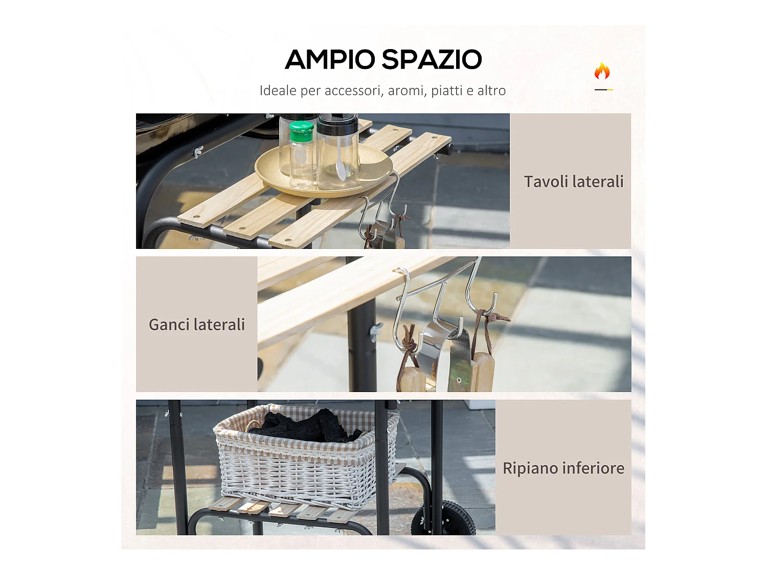 Barbecue a carbone con coperchio ripiani ruote e utensili nero