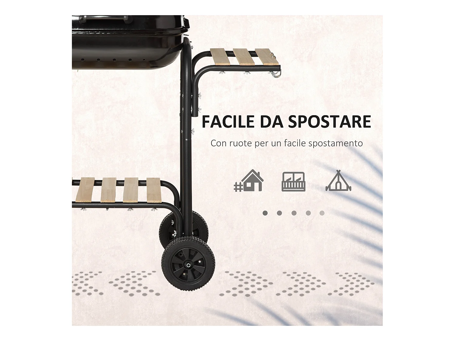 Barbecue a carbone con coperchio ripiani ruote e utensili nero