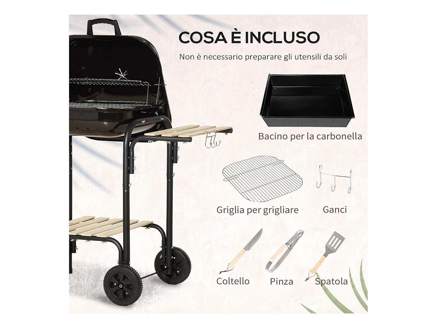 Barbecue a carbone con coperchio ripiani ruote e utensili nero
