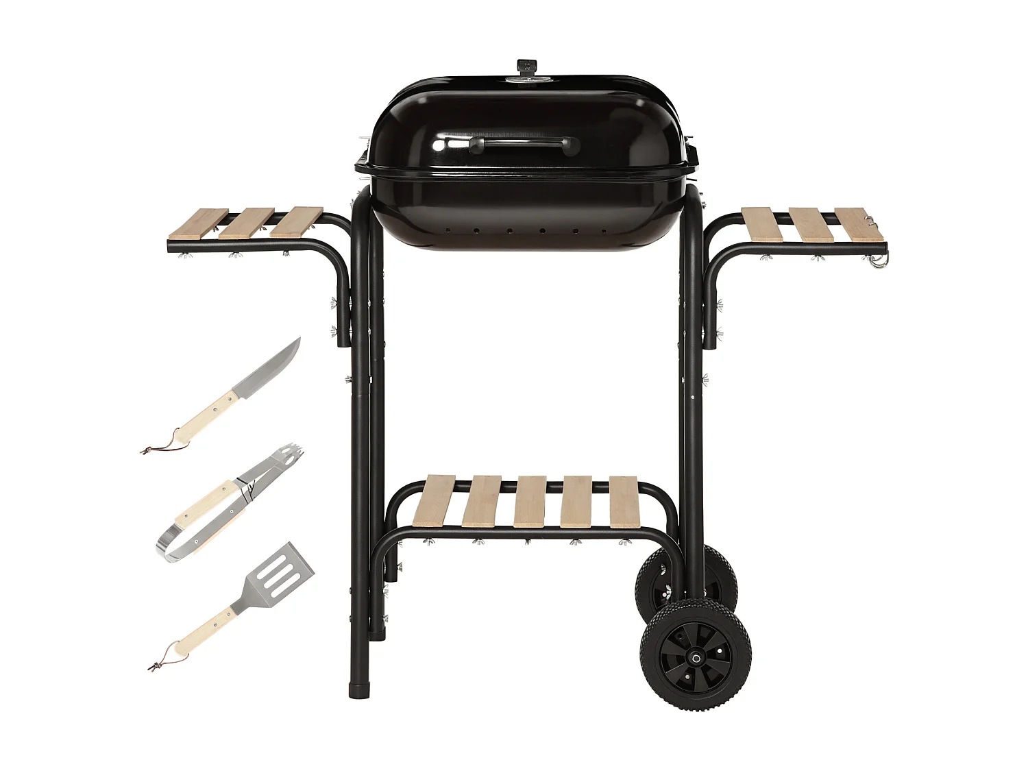 Barbecue a carbone con coperchio ripiani ruote e utensili nero