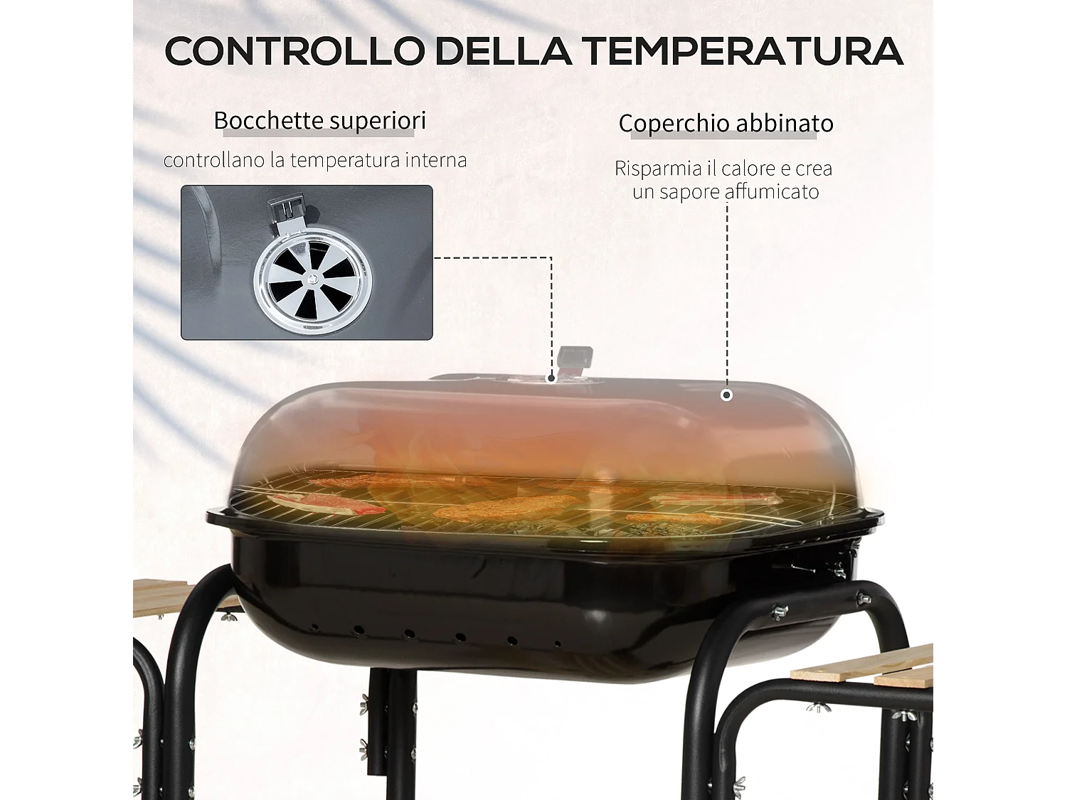 Barbecue a carbone con coperchio ripiani ruote e utensili nero