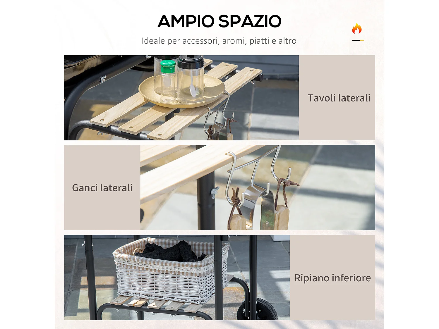 Barbecue a carbone con coperchio ripiani ruote e utensili nero