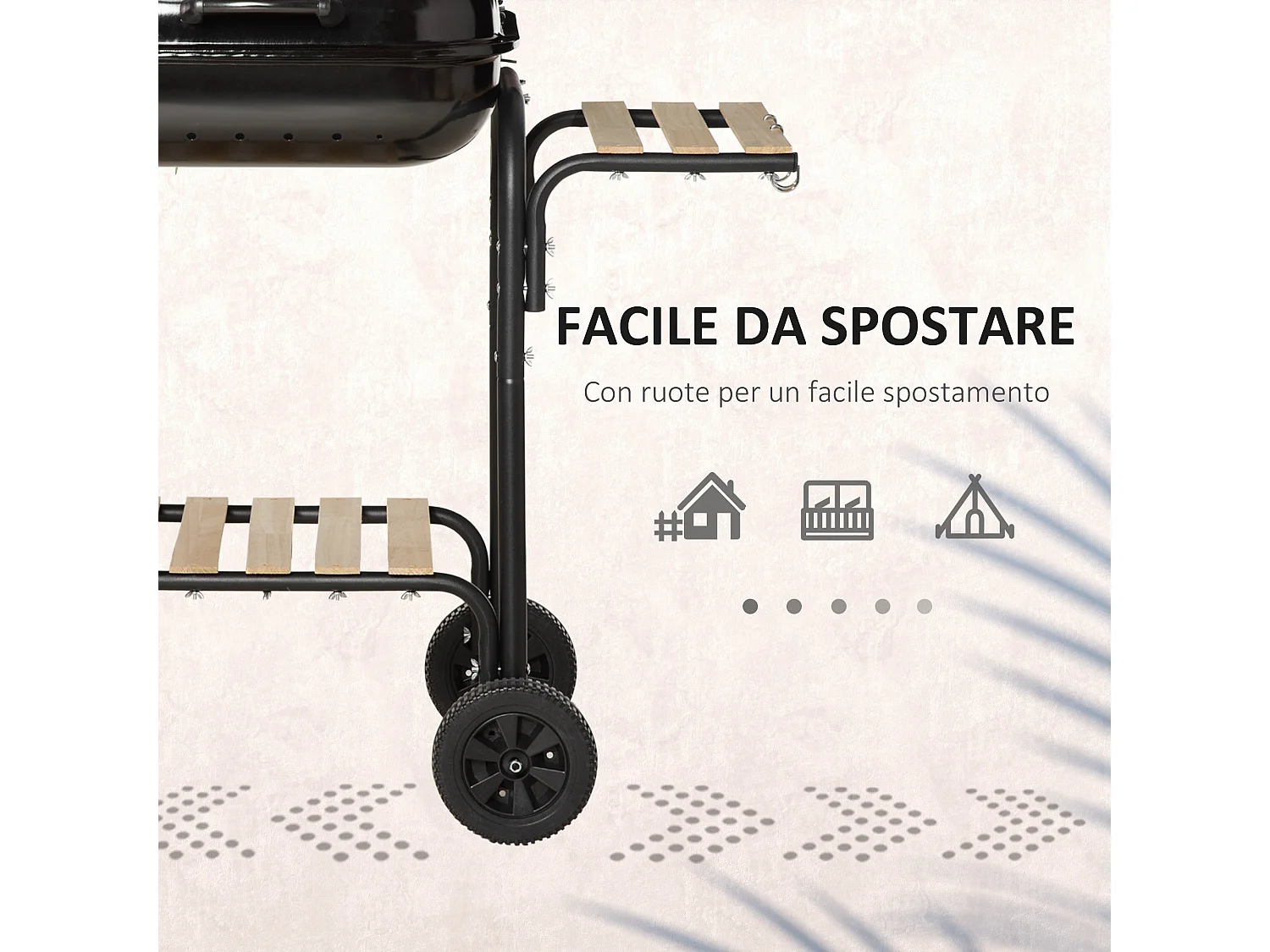 Barbecue a carbone con coperchio ripiani ruote e utensili nero