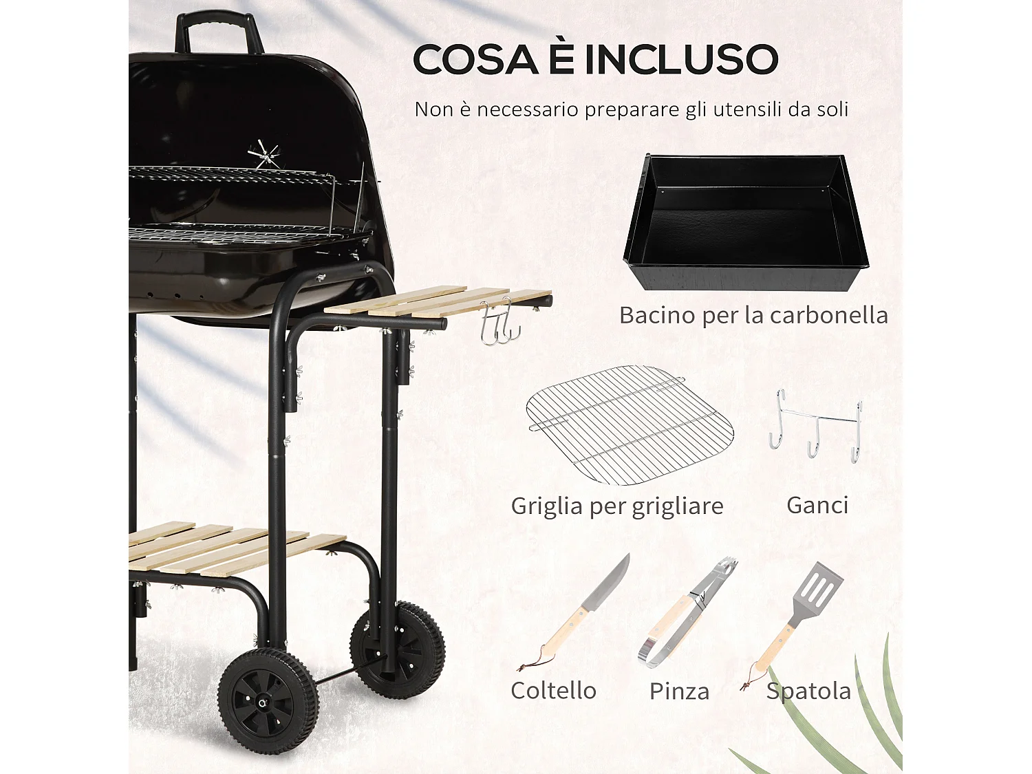 Barbecue a carbone con coperchio ripiani ruote e utensili nero