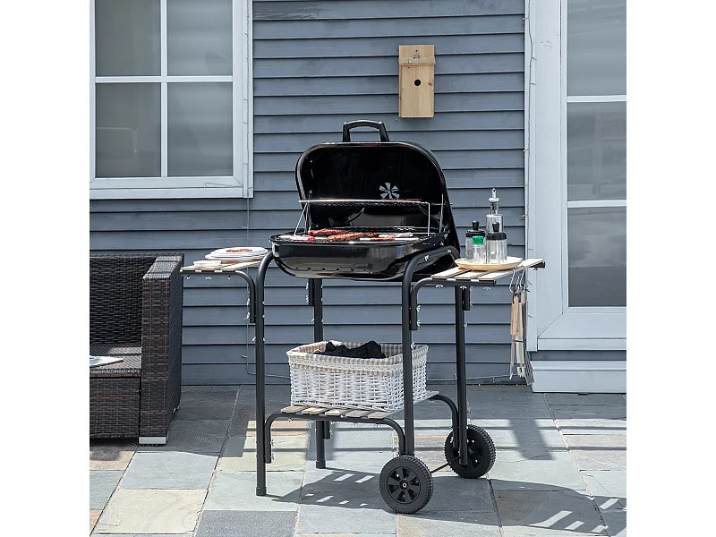 Barbecue a carbone con coperchio ripiani ruote e utensili nero