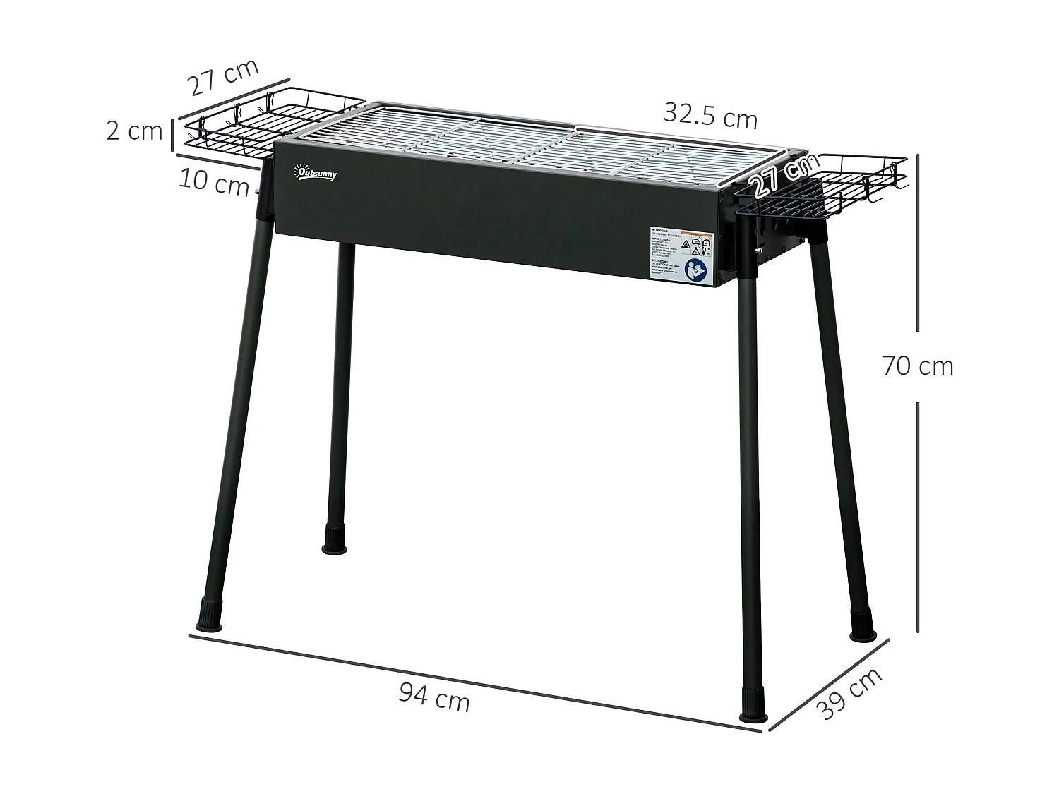 Barbecue a carbonella con 2 griglie e cestini laterali nero