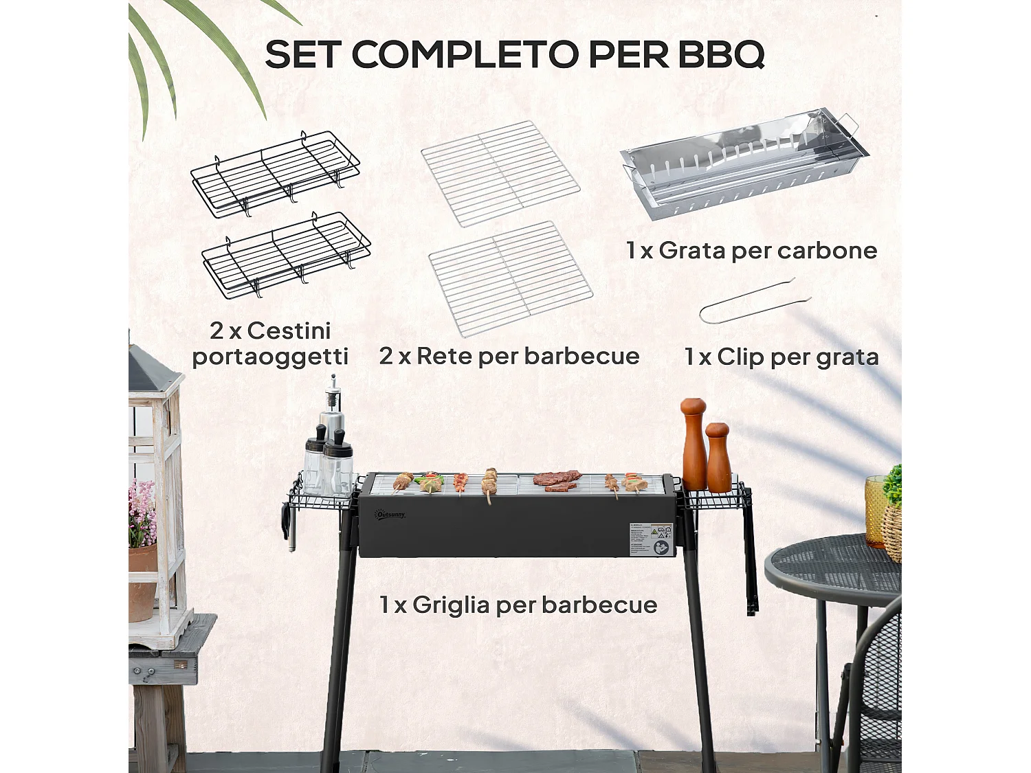 Barbecue a carbonella con 2 griglie e cestini laterali nero