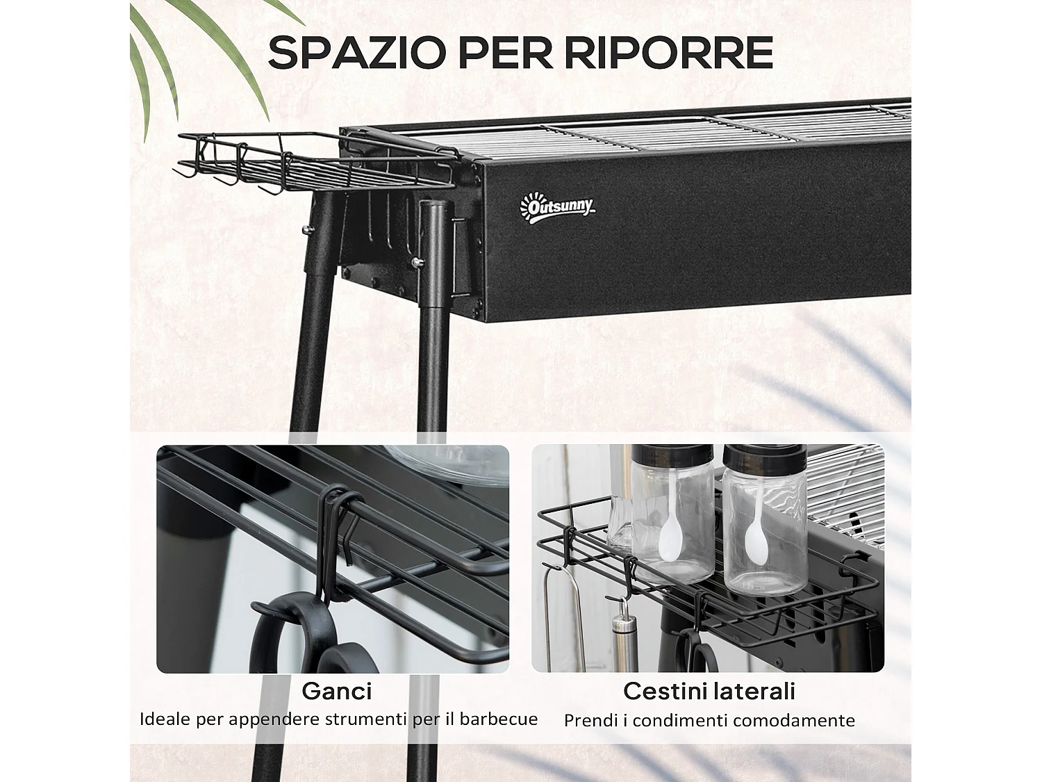 Barbecue a carbonella con 2 griglie e cestini laterali nero