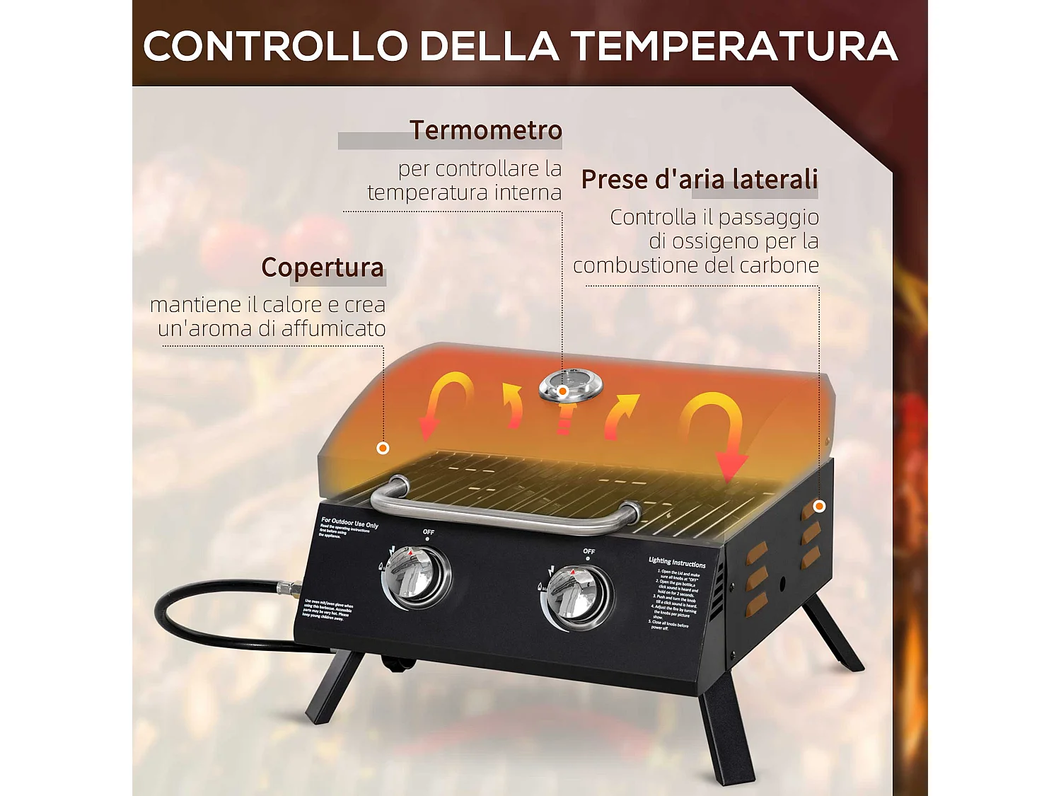 Barbecue a gas pieghevole in acciaio con 2 bruciatori nero