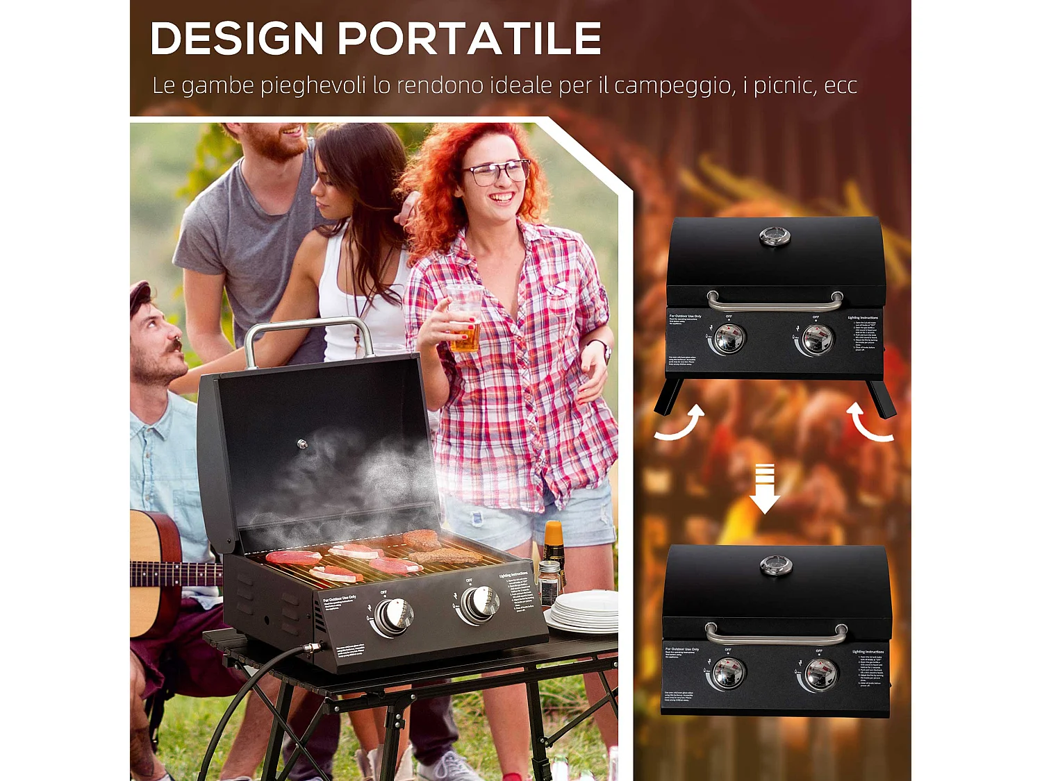 Barbecue a gas pieghevole in acciaio con 2 bruciatori nero