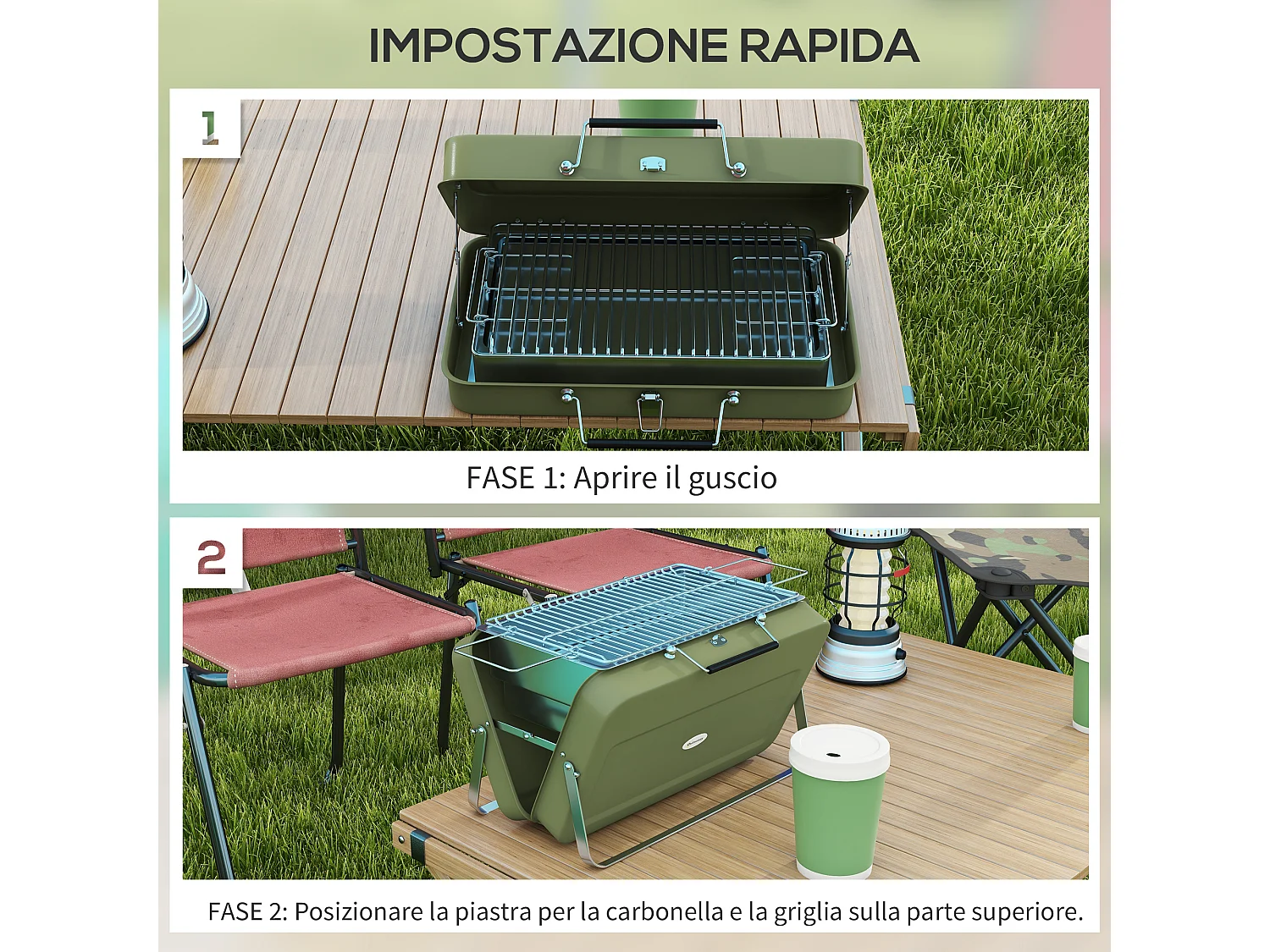 Barbecue a carbonella portatile e pieghevole a valigetta verde