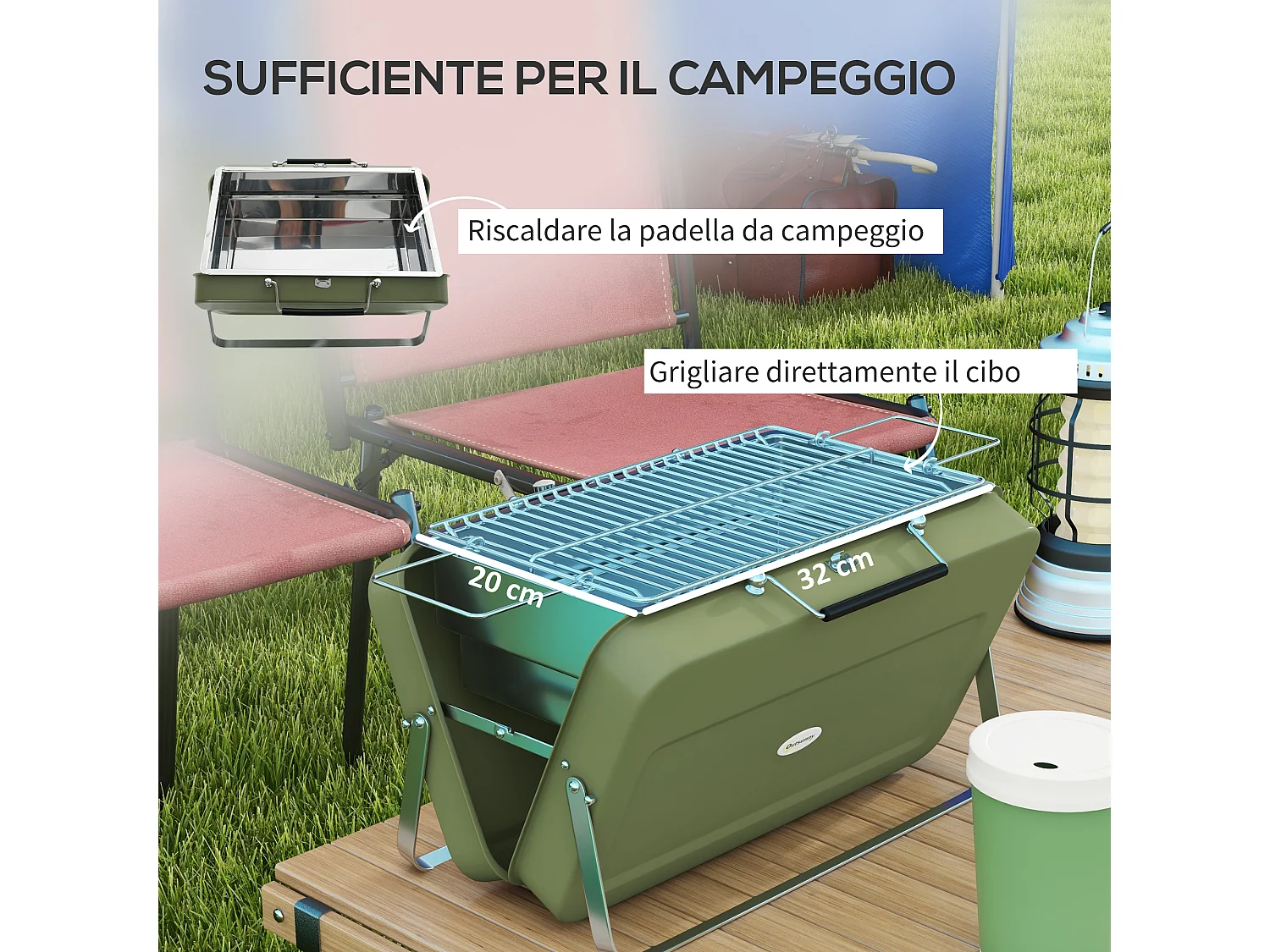 Barbecue a carbonella portatile e pieghevole a valigetta verde