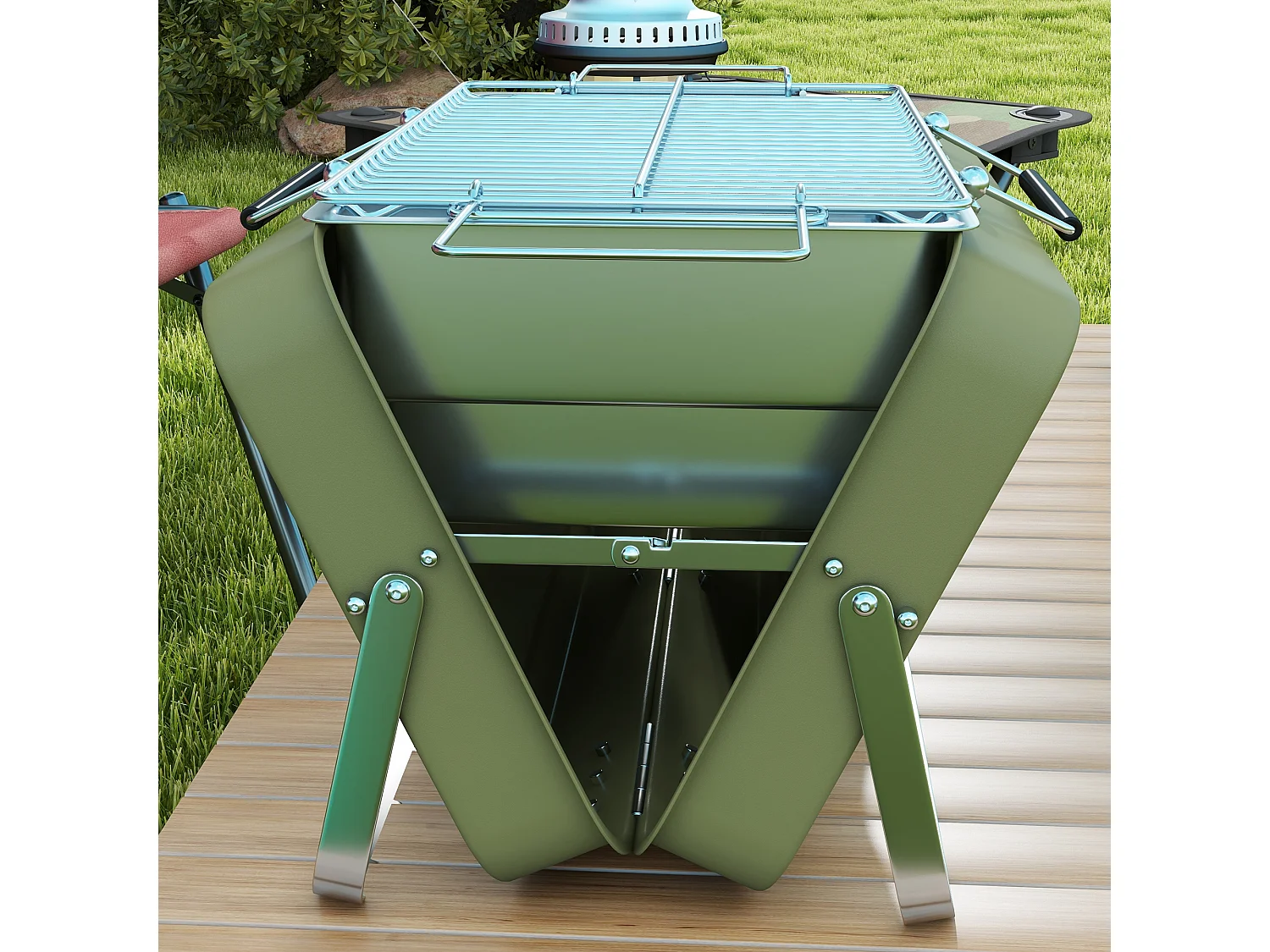 Barbecue a carbonella portatile e pieghevole a valigetta verde